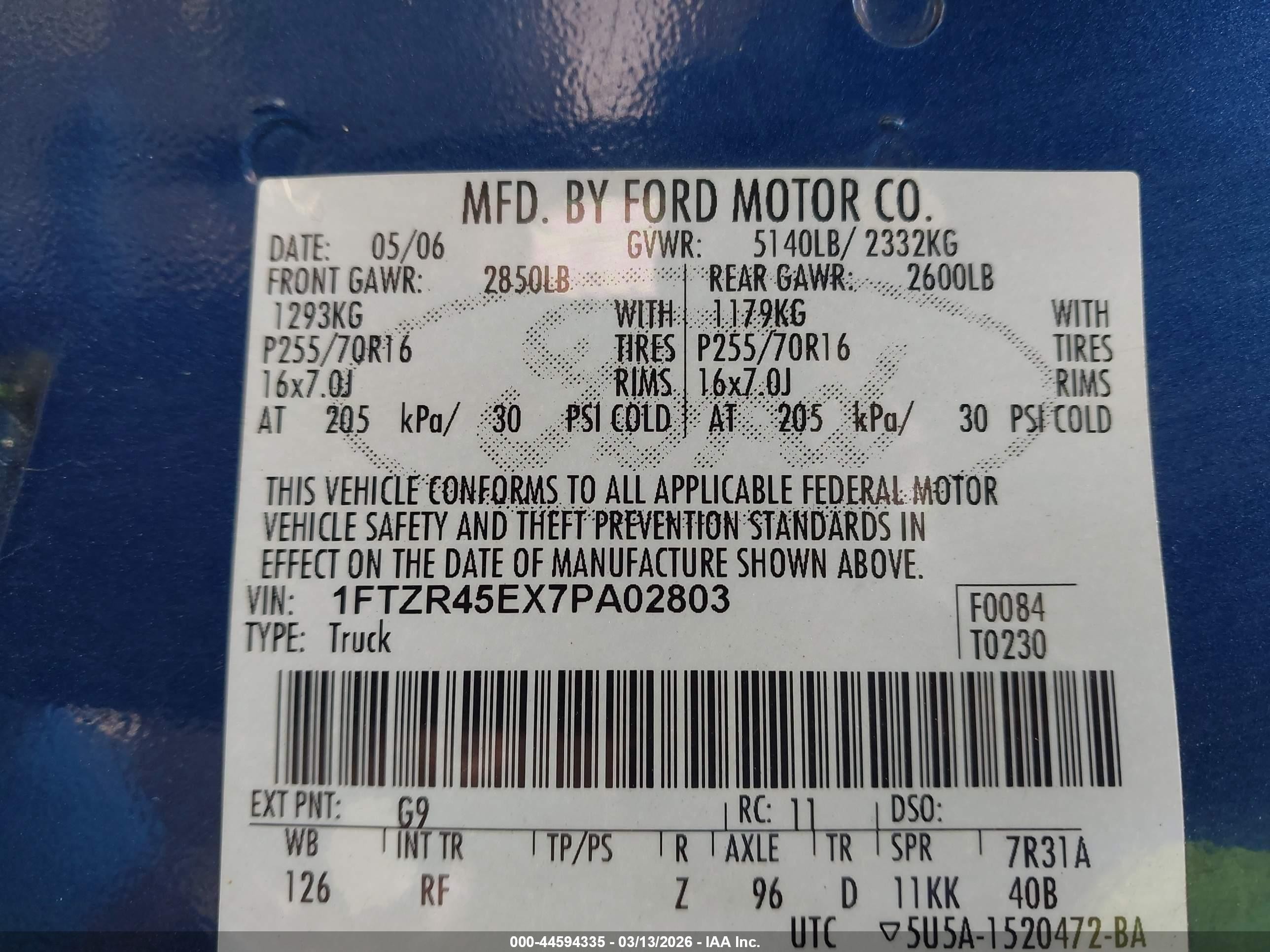 2007 Ford Ranger Fx4 Level Ii/fx4 Off-road/sport/xlt Blue vin: 1FTZR45EX7PA02803