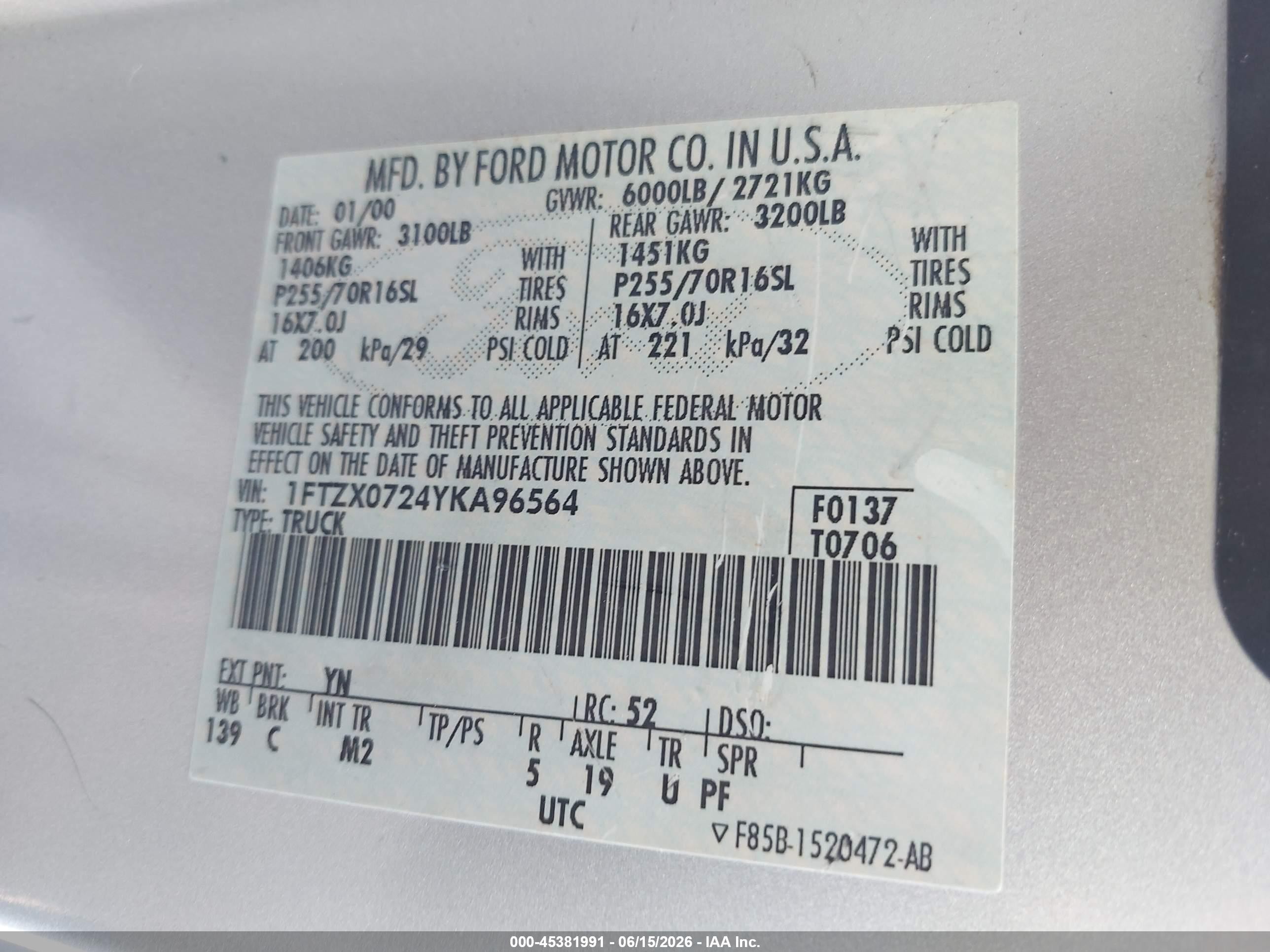 2000 Ford F-150 Xl/xlt Silver vin: 1FTZX0724YKA96564