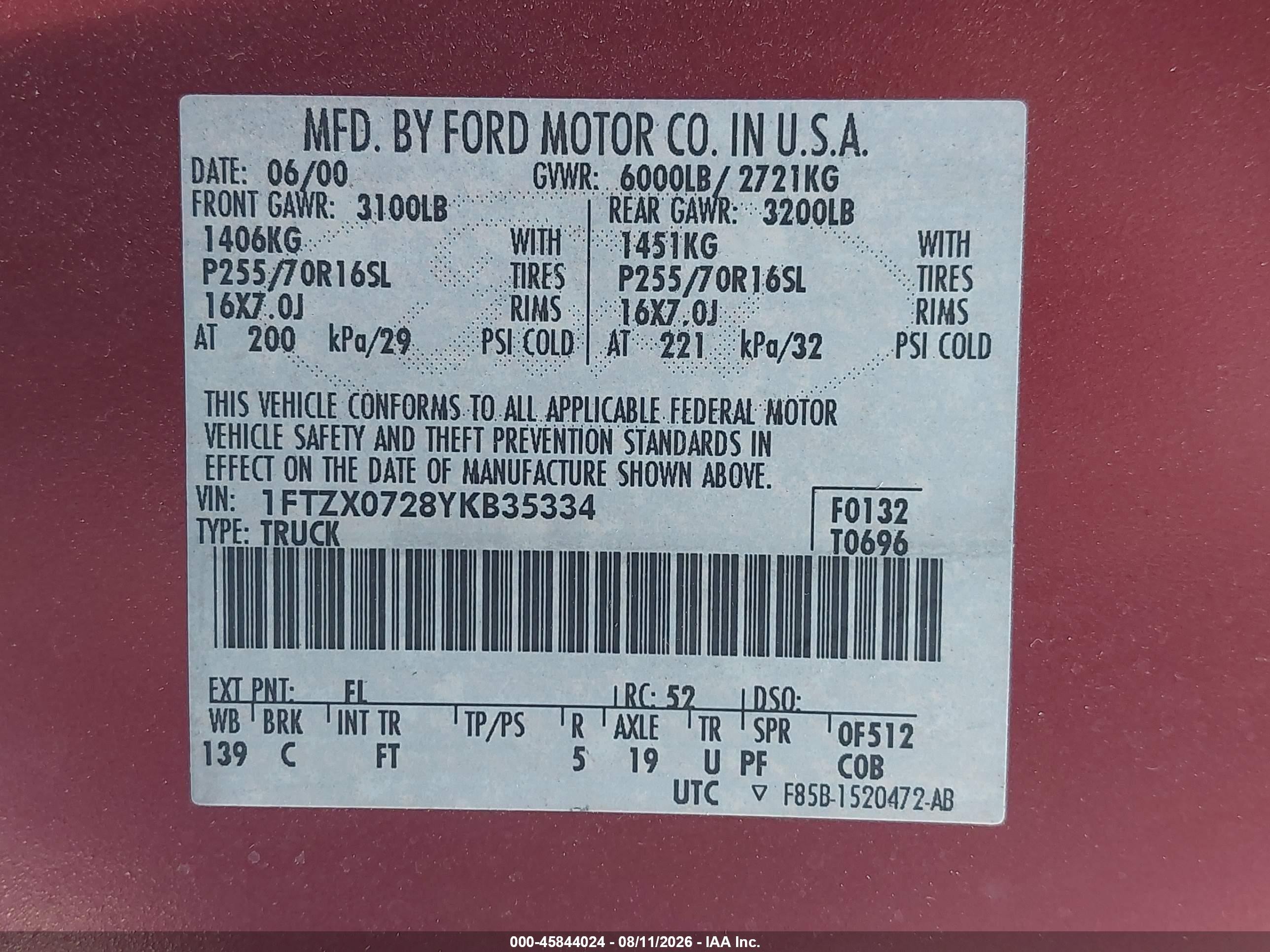 2000 Ford F-150 Xl/xlt Красный vin: 1FTZX0728YKB35334