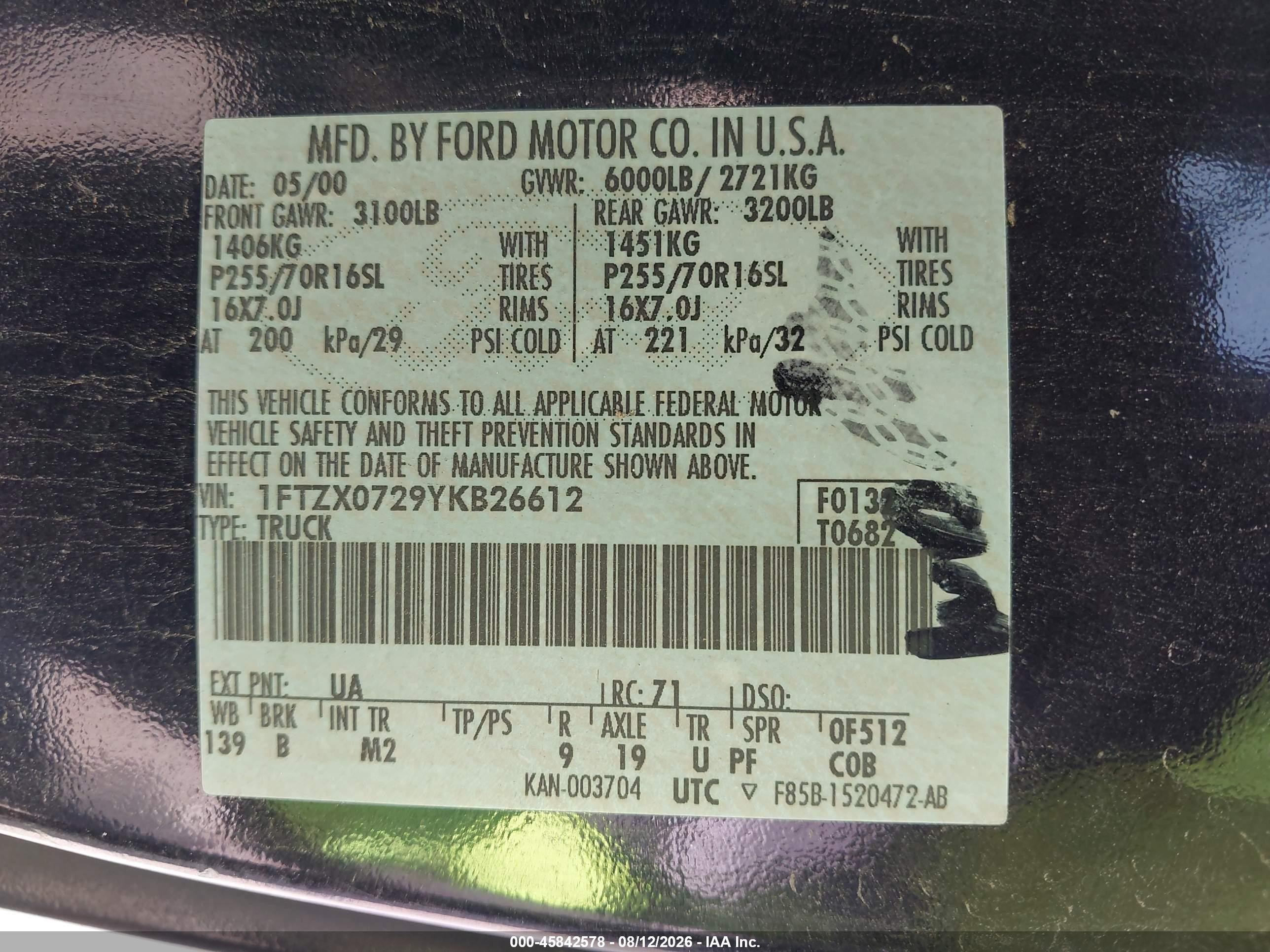 2000 Ford F-150 Xl/xlt Black vin: 1FTZX0729YKB26612