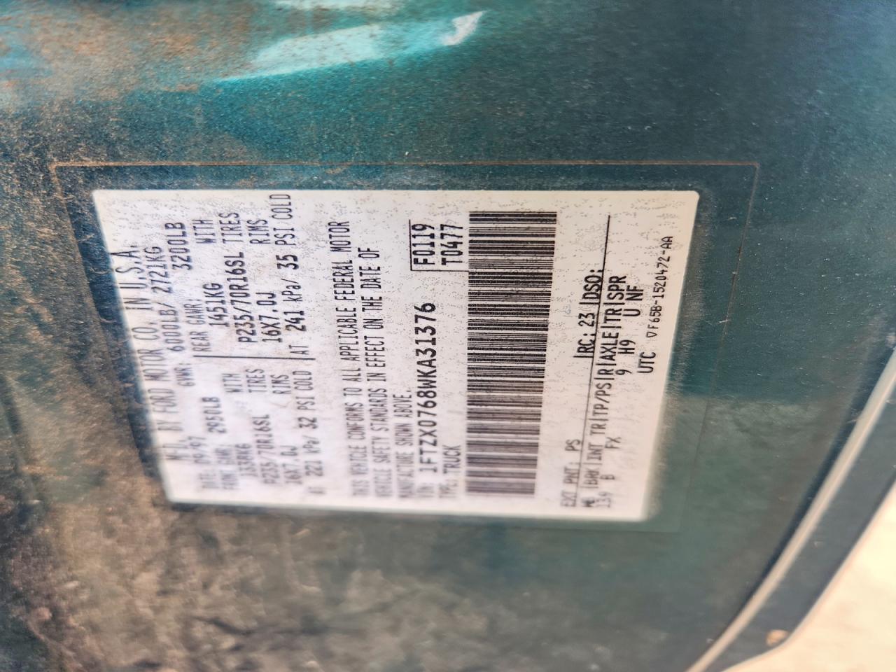 1998 Ford F150 Green vin: 1FTZX0768WKA31376