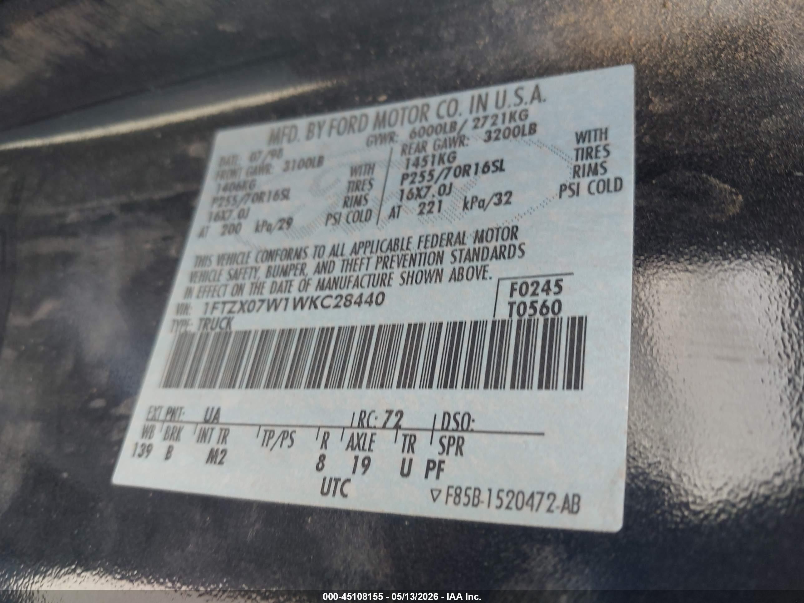 1998 Ford F-150 Lariat/xl/xlt Black vin: 1FTZX07W1WKC28440