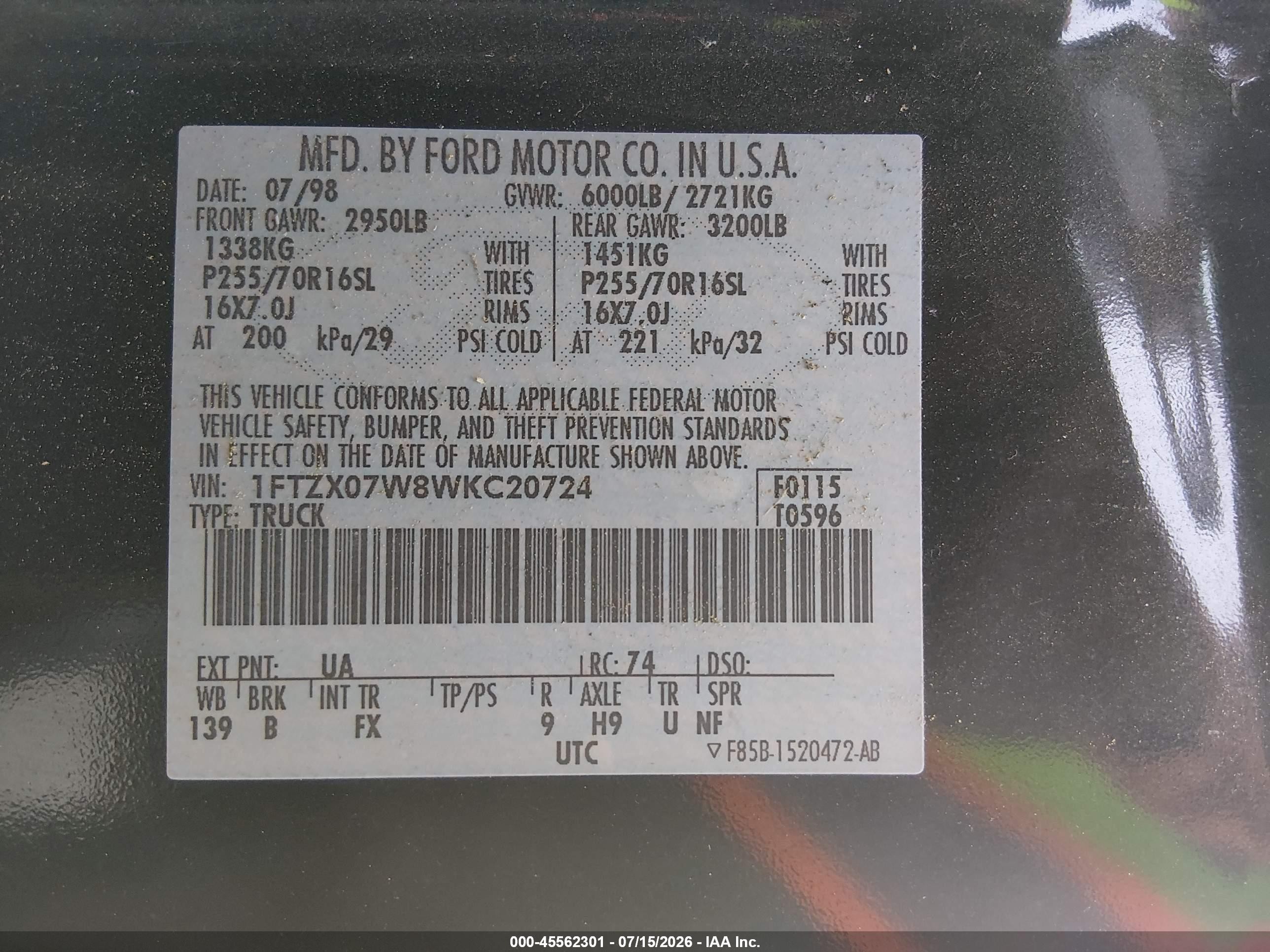 1998 Ford F-150 Lariat/xl/xlt Black vin: 1FTZX07W8WKC20724