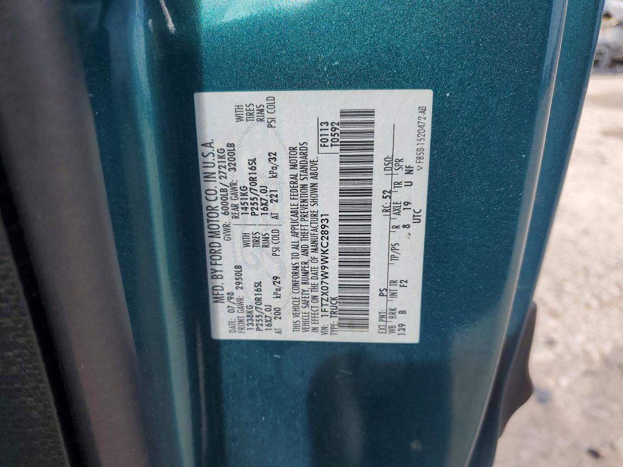 1998 Ford F150 Green vin: 1FTZX07W9WKC28931