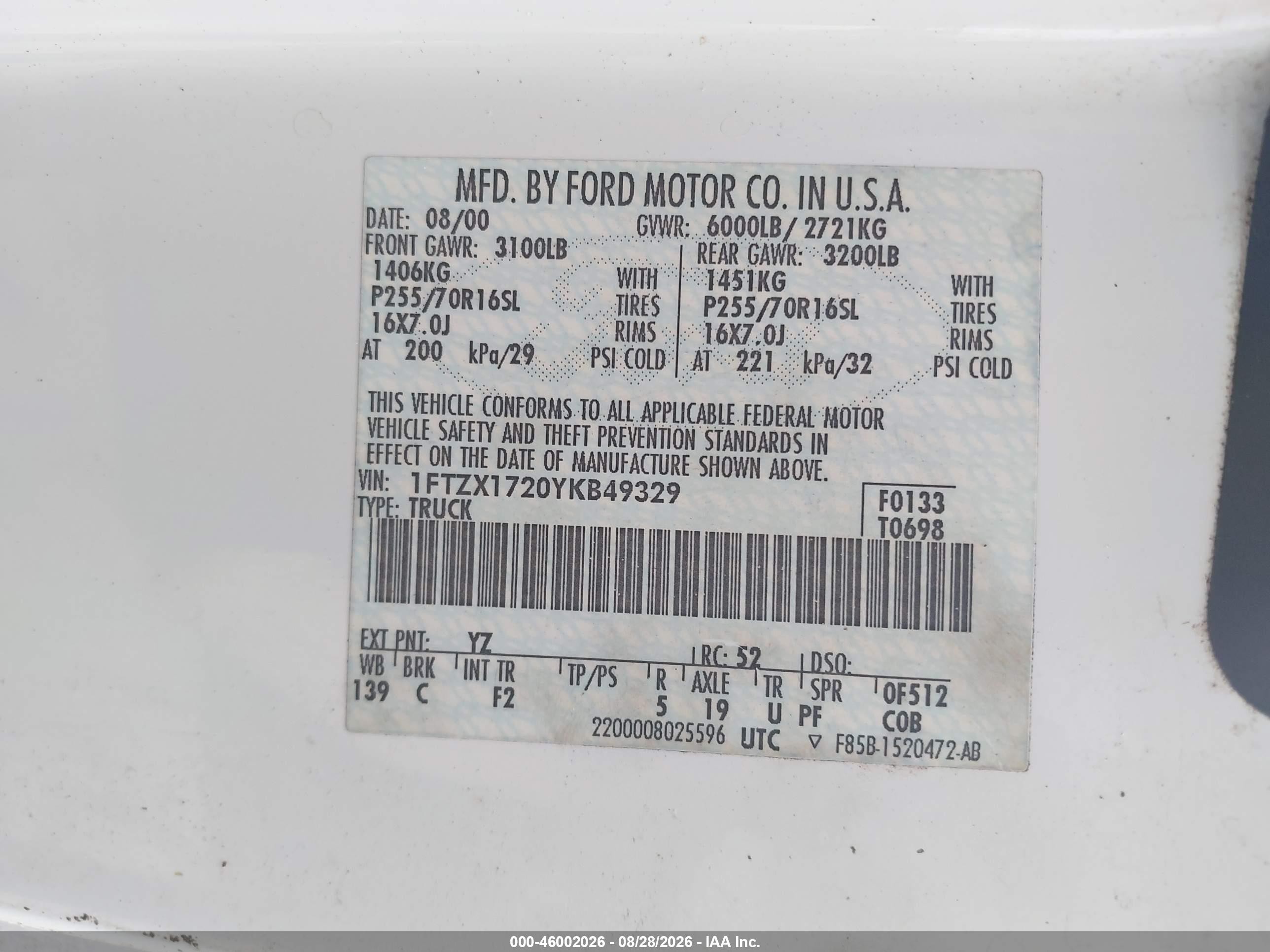 2000 Ford F-150 Work Series/xl/xlt White vin: 1FTZX1720YKB49329