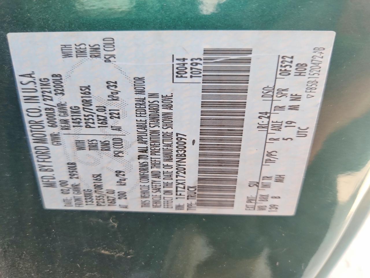 2000 Ford F150 Green vin: 1FTZX1720YNB30097