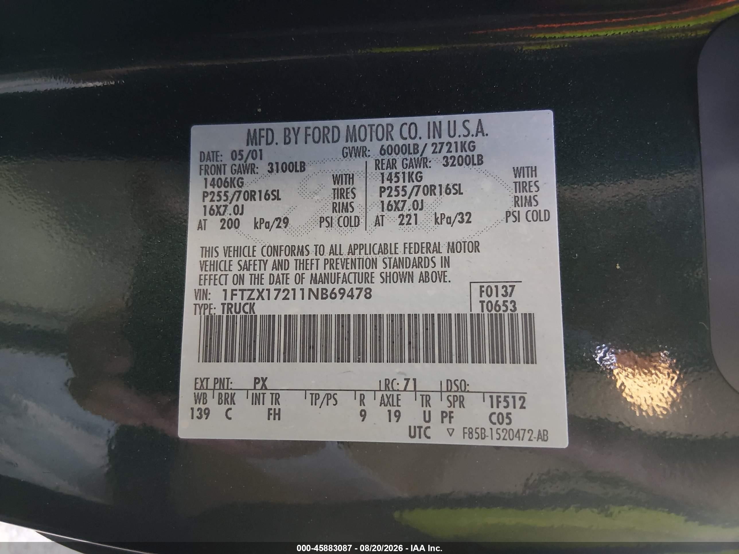 2001 Ford F-150 Xl/xlt Зеленый vin: 1FTZX17211NB69478
