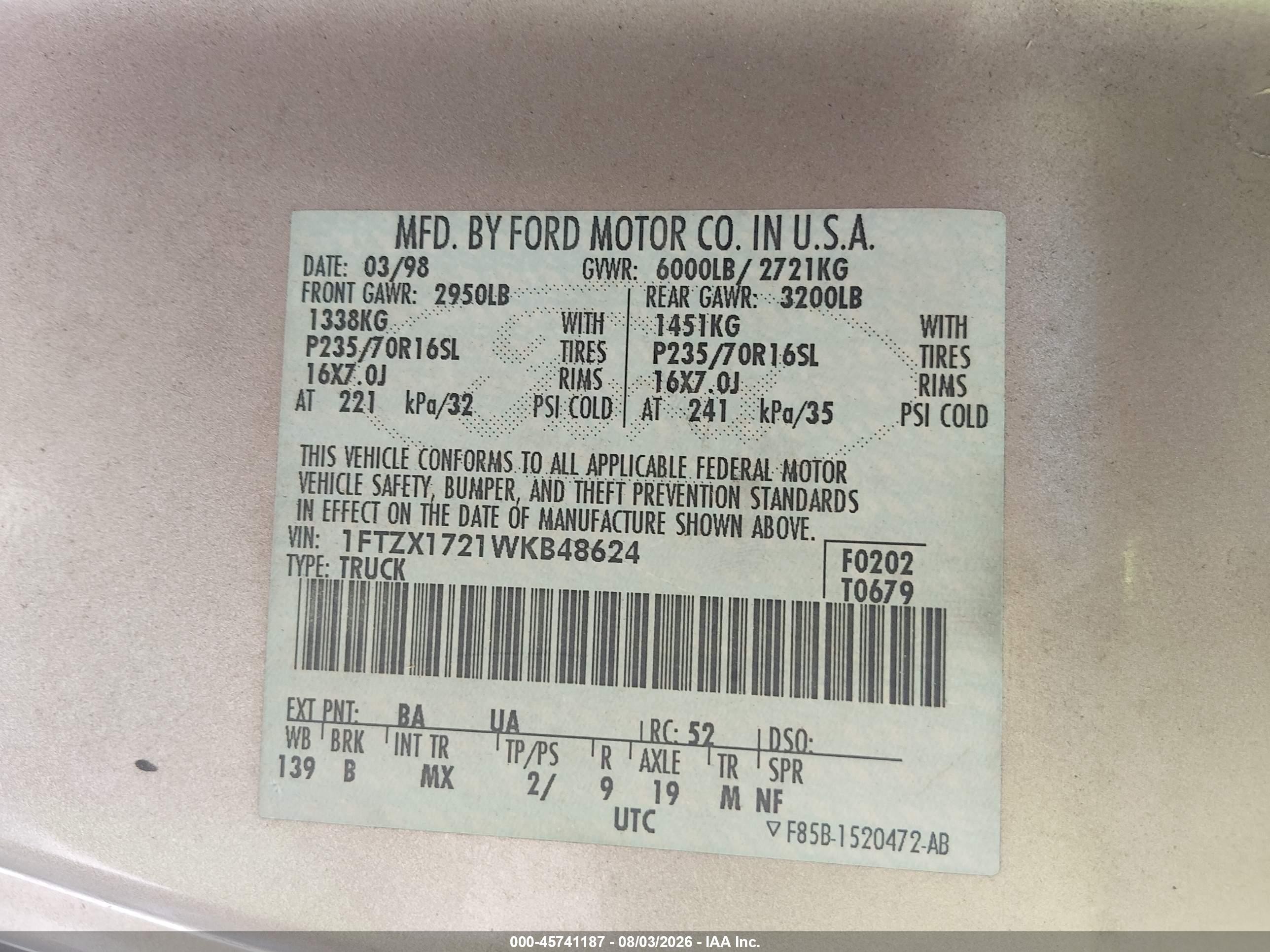 1998 Ford F-150 Standard/xl/xlt Gold vin: 1FTZX1721WKB48624