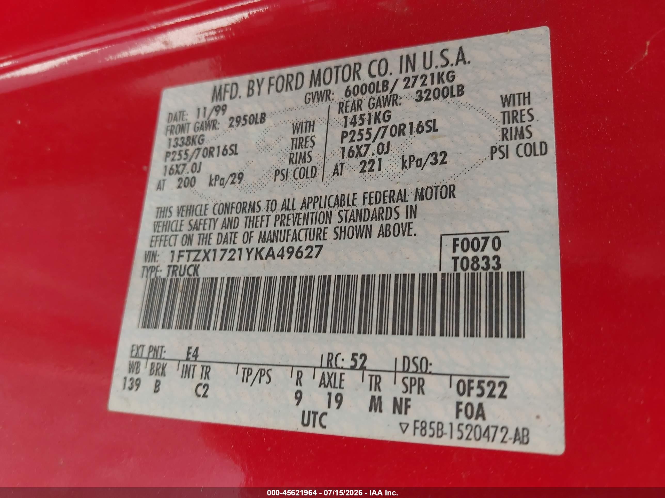 2000 Ford F-150 Work Series/xl/xlt Red vin: 1FTZX1721YKA49627