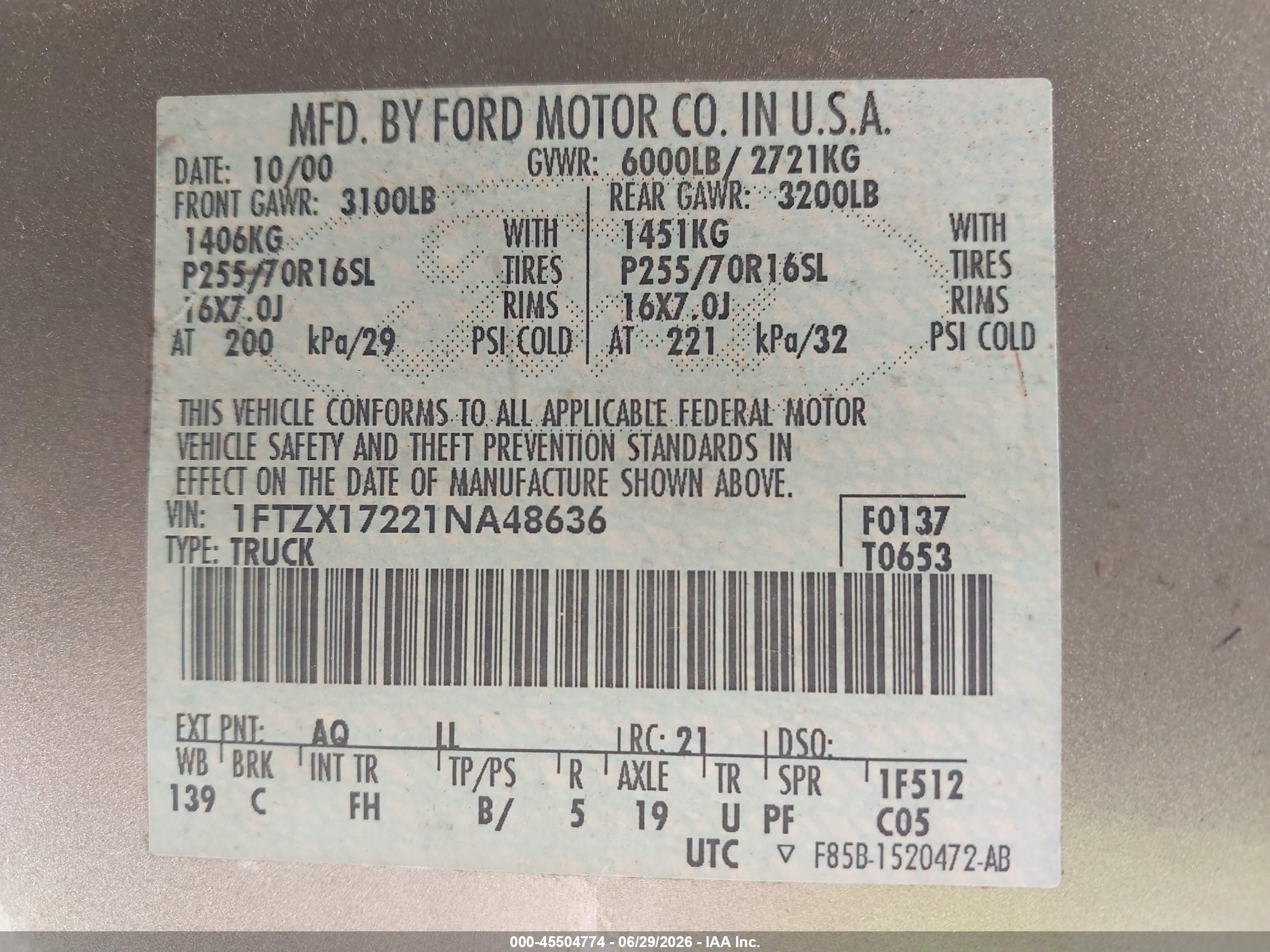 2001 Ford F-150 Xl/xlt Brown vin: 1FTZX17221NA48636