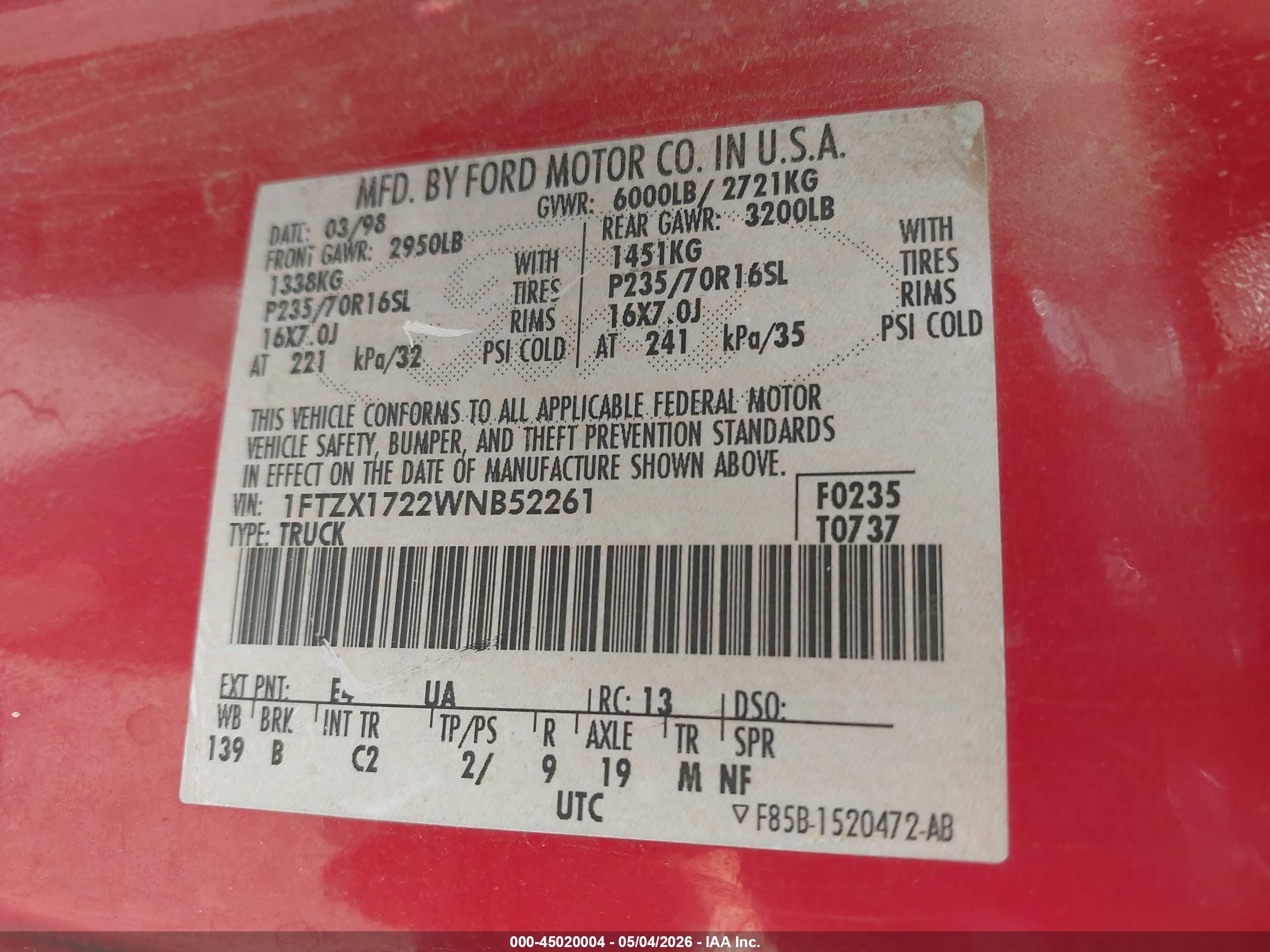 1998 Ford F-150   Blue vin: 1FTZX1722WNB52261