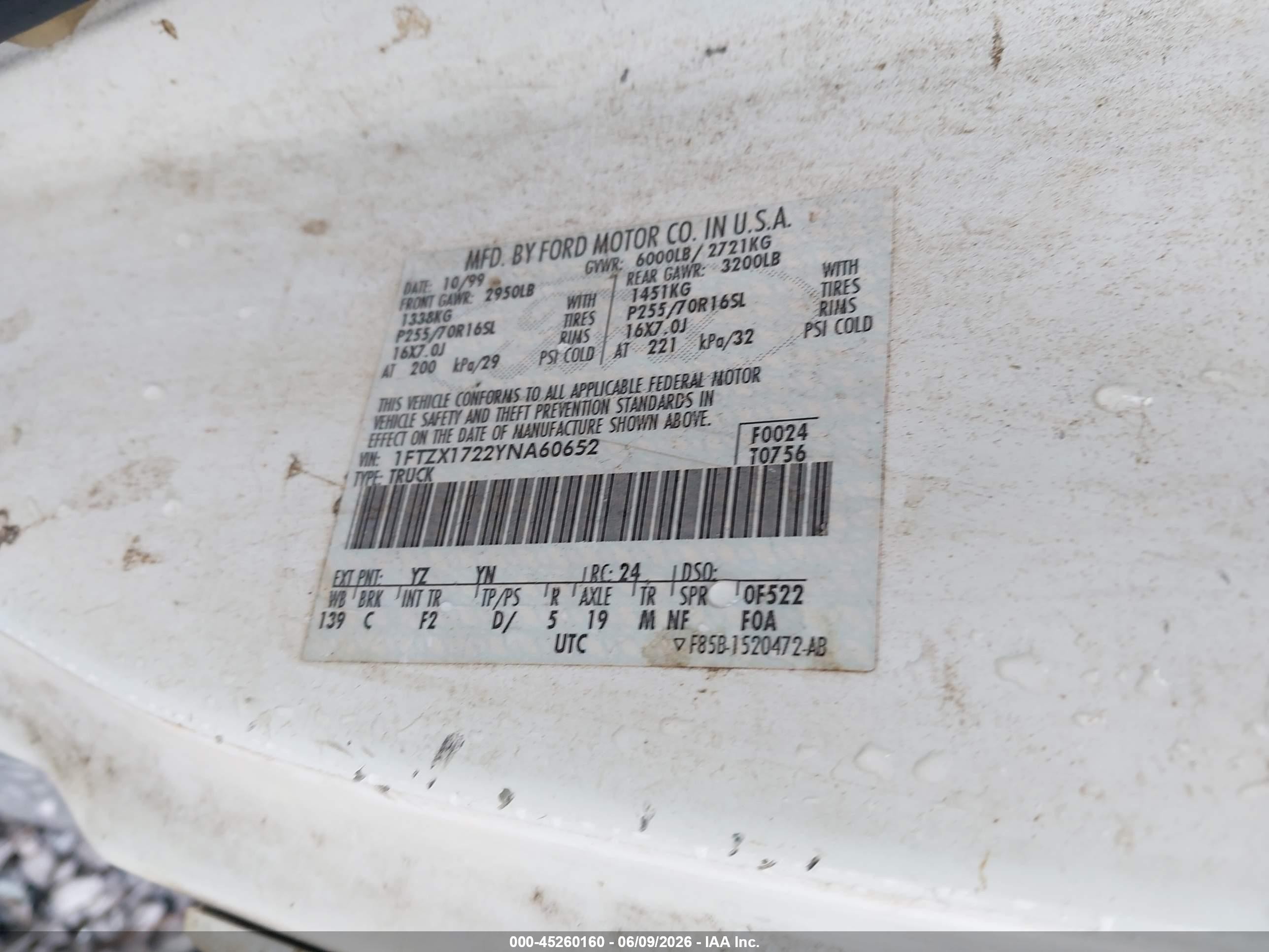 2000 Ford F-150 Work Series/xl/xlt White vin: 1FTZX1722YNA60652
