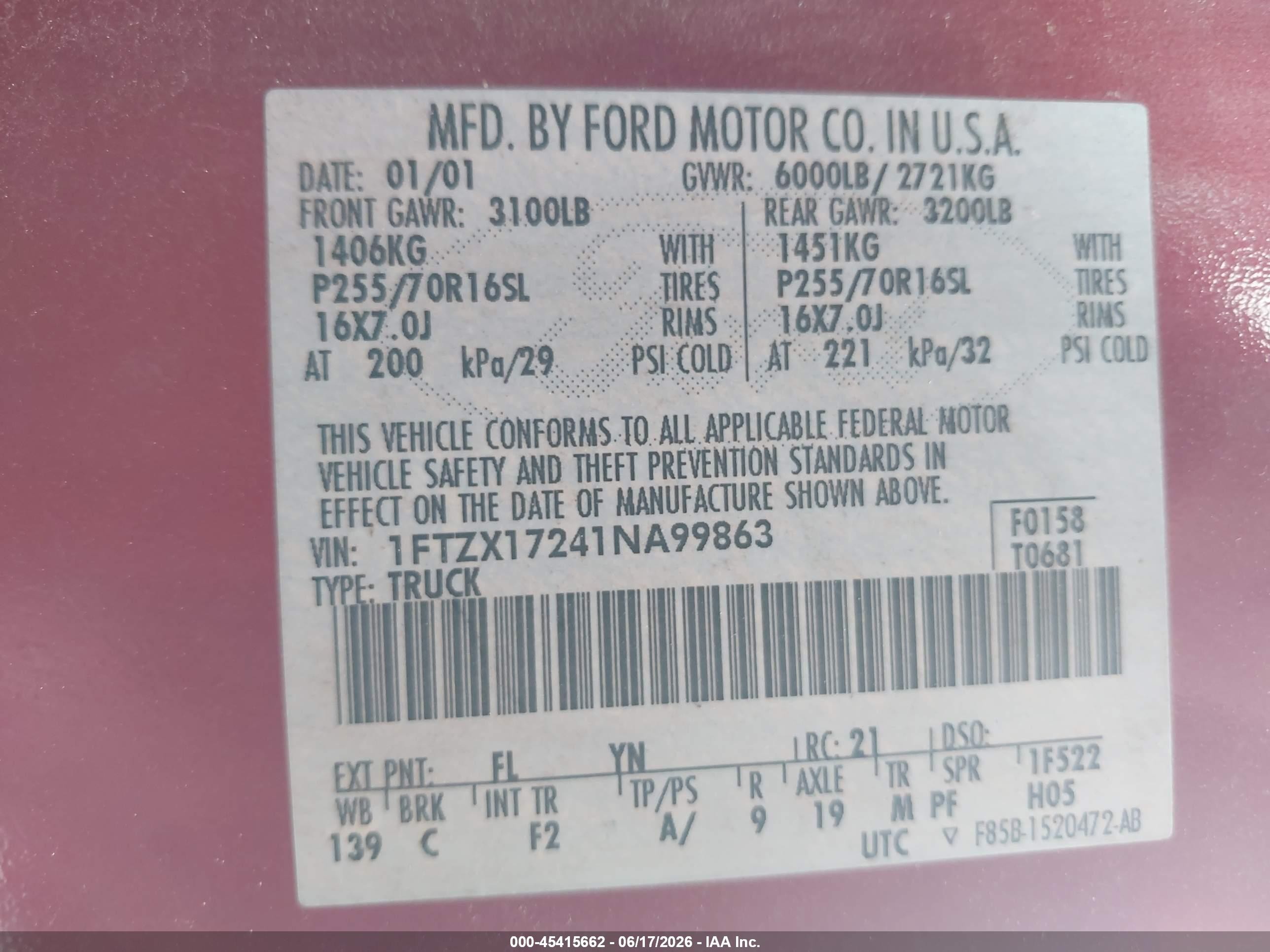 2001 Ford F-150 Xl/xlt Maroon vin: 1FTZX17241NA99863