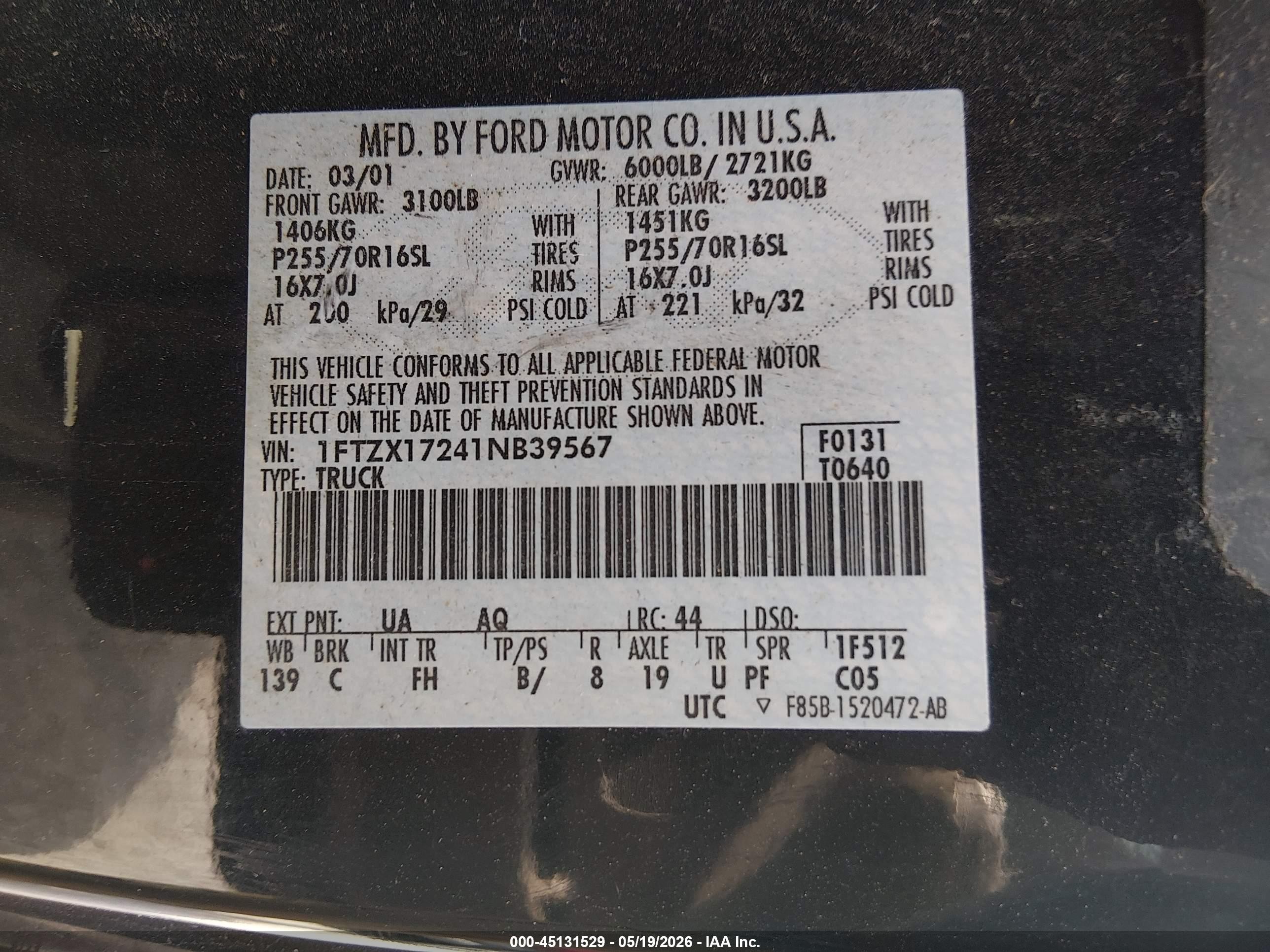 2001 Ford F-150 Xl/xlt Black vin: 1FTZX17241NB39567