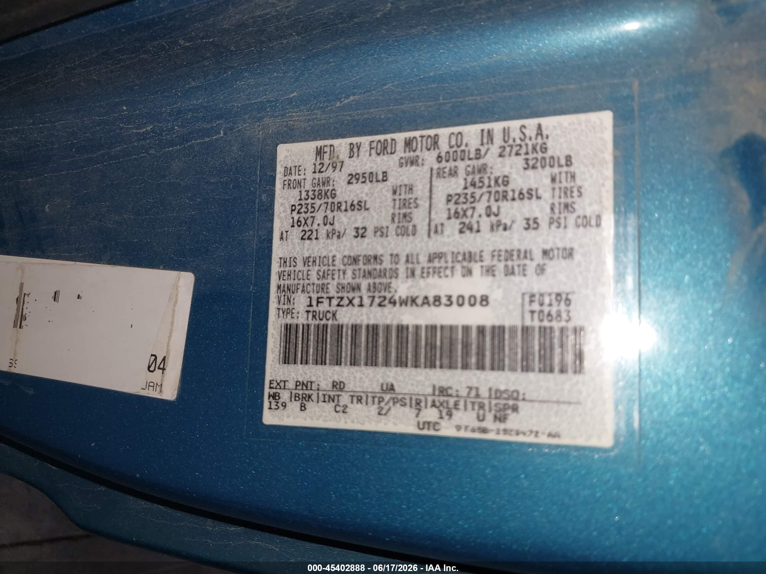 1998 Ford F-150 Standard/xl/xlt Light Blue vin: 1FTZX1724WKA83008