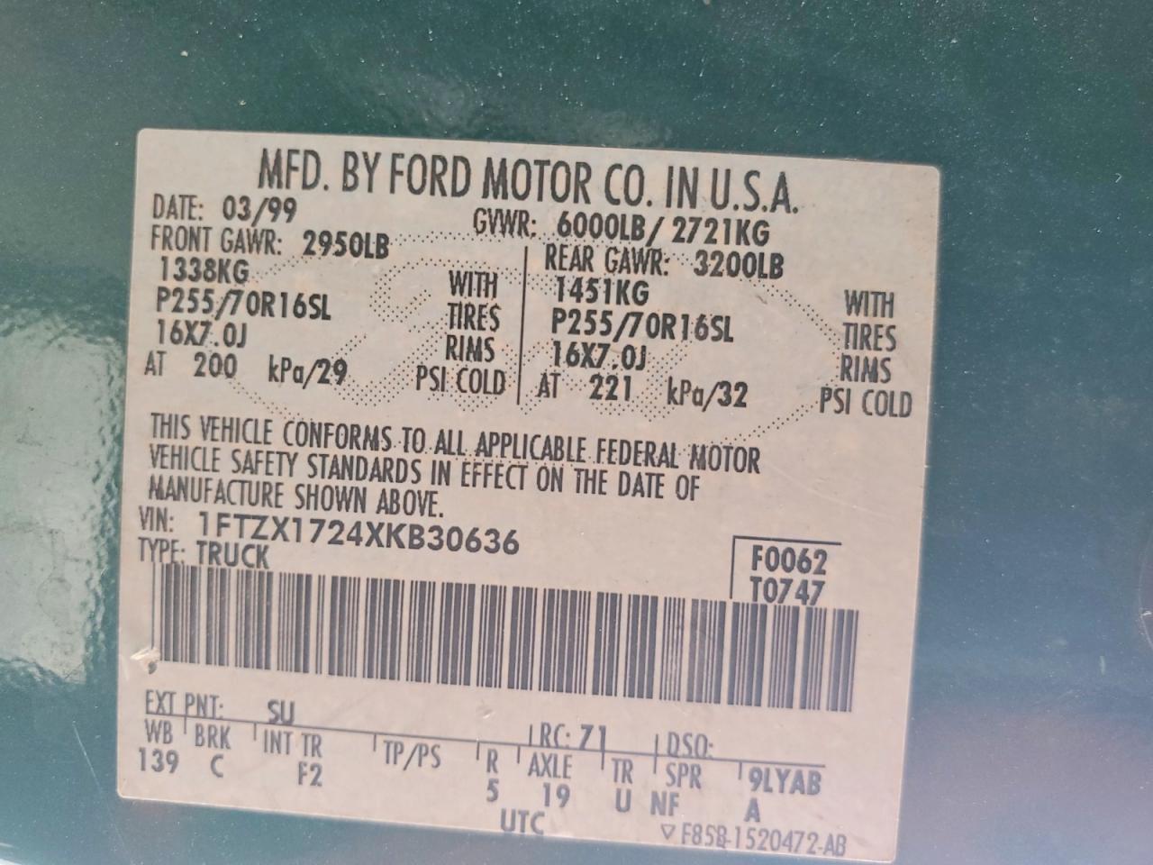 1999 Ford F150 Green vin: 1FTZX1724XKB30636