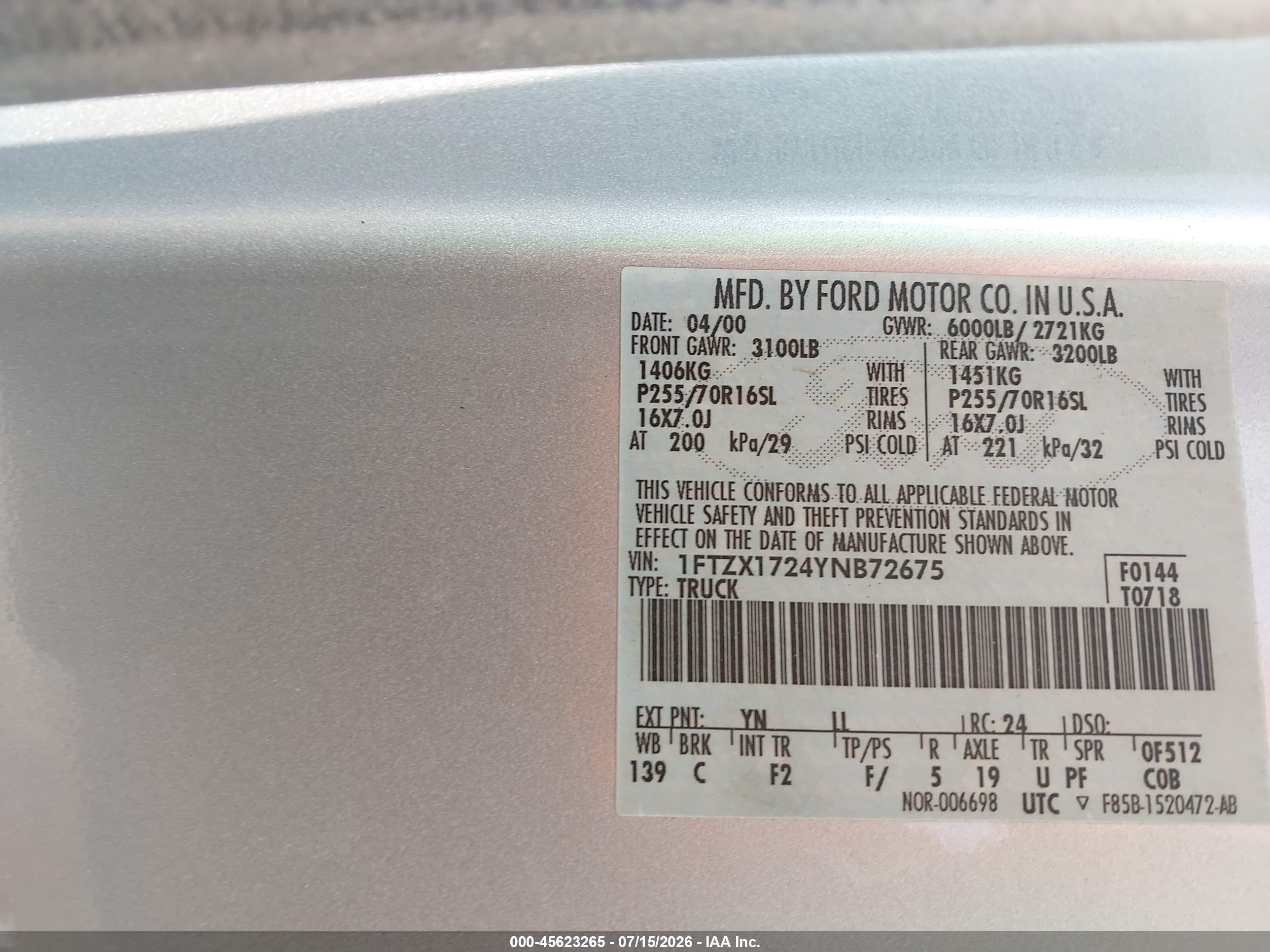 2000 Ford F-150 Work Series/xl/xlt Silver vin: 1FTZX1724YNB72675