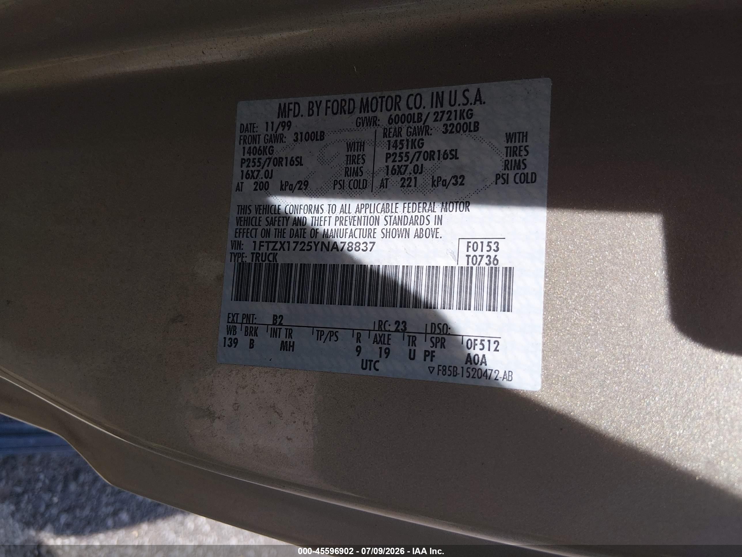 2000 Ford F-150 Work Series/xl/xlt Gold vin: 1FTZX1725YNA78837