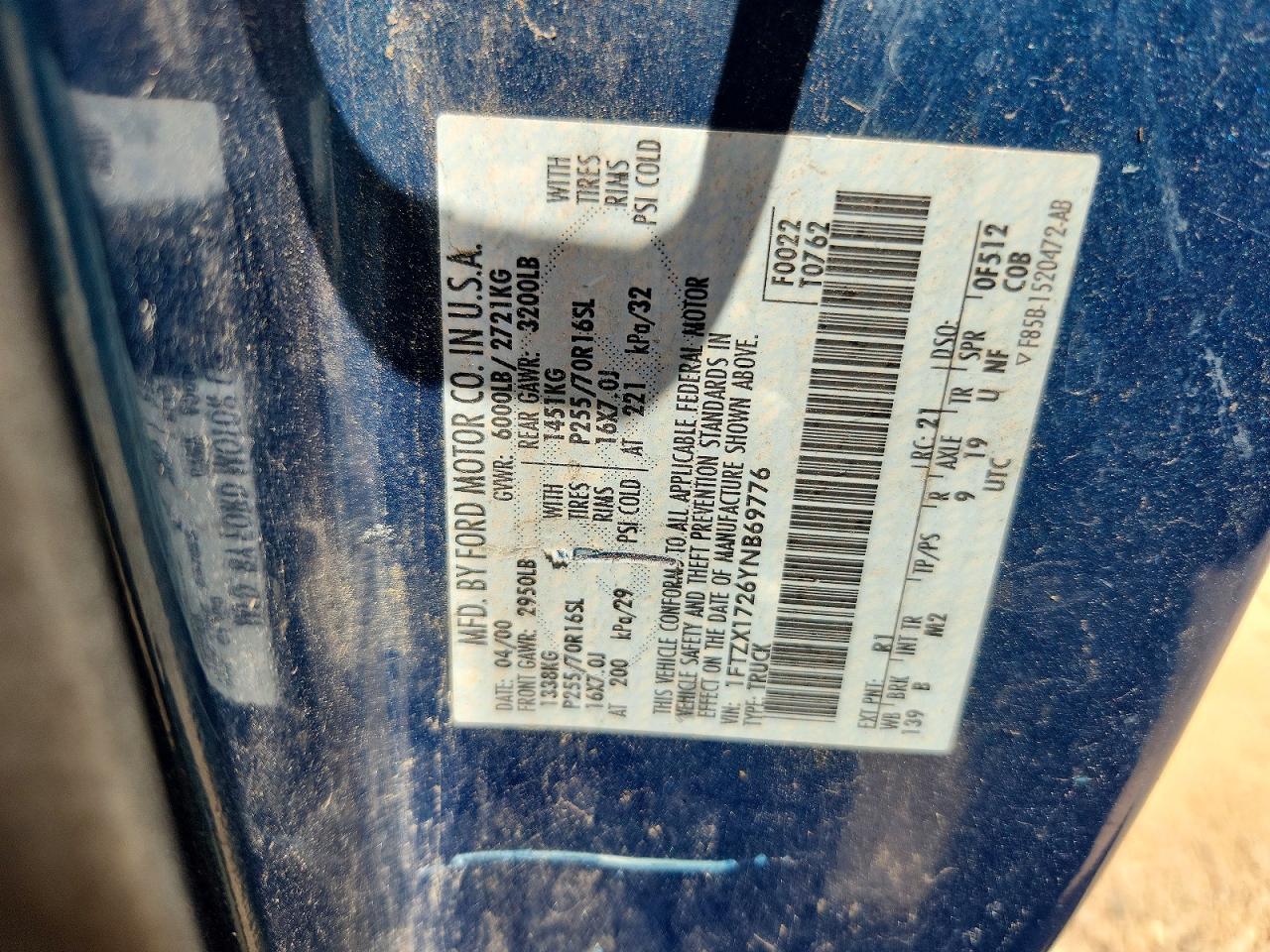 2000 Ford F150 Green vin: 1FTZX1726YNB69776