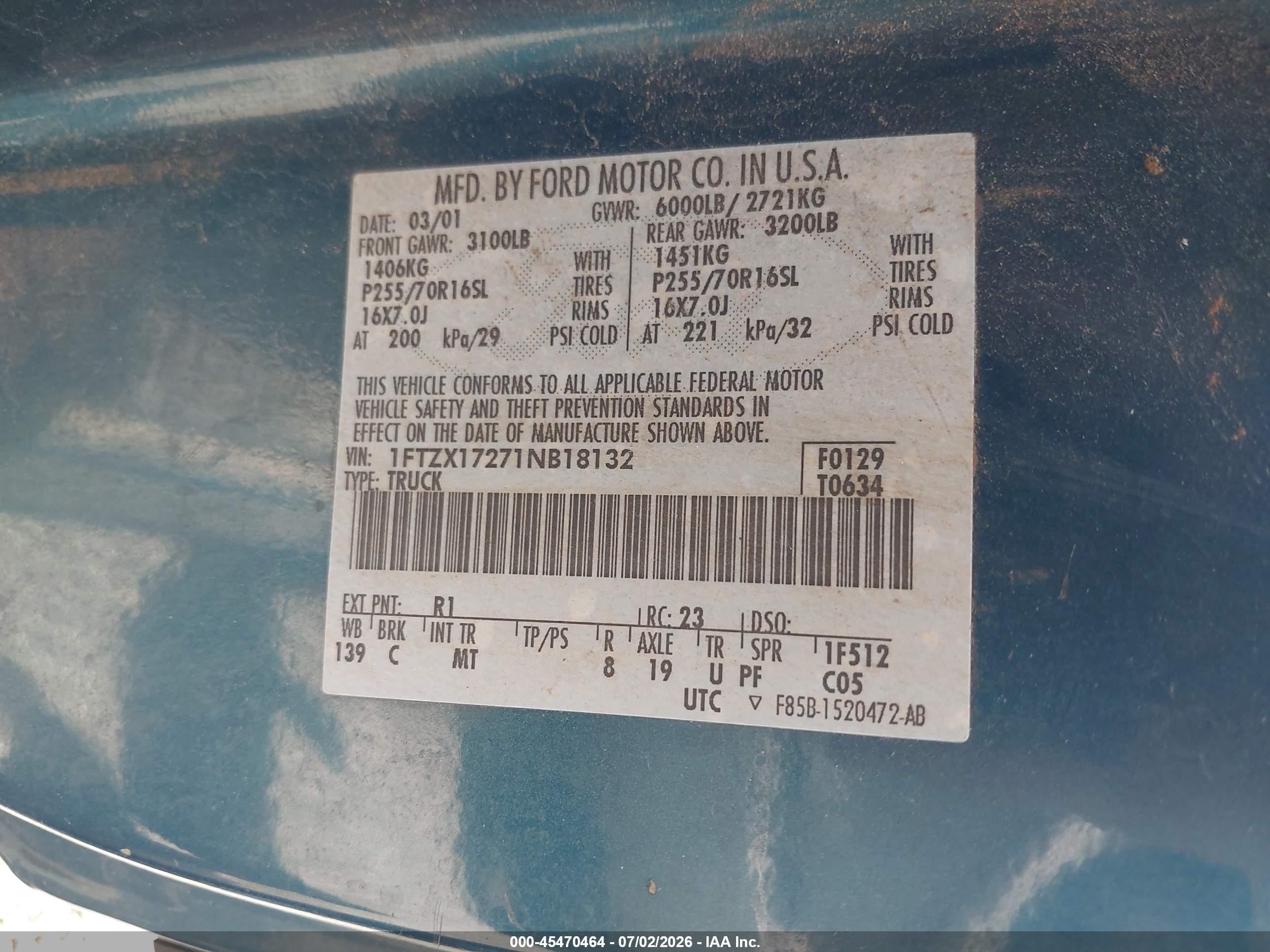 2001 Ford F-150 Xl/xlt Light Blue vin: 1FTZX17271NB18132