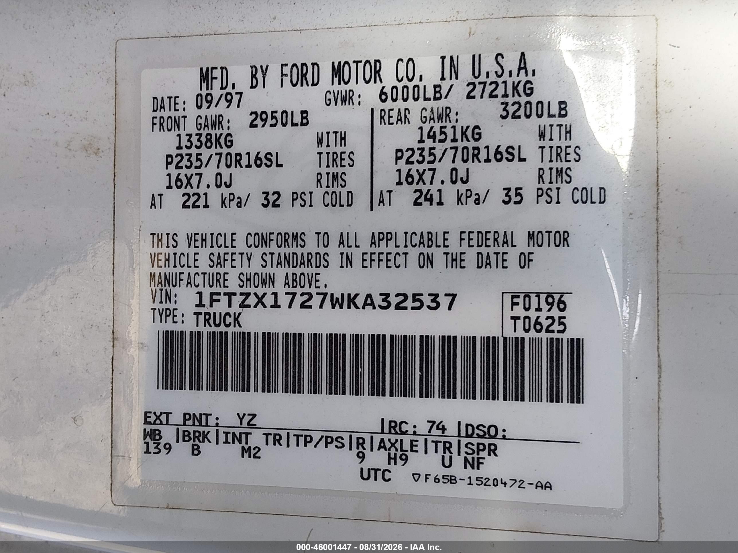 1998 Ford F-150 Standard/xl/xlt White vin: 1FTZX1727WKA32537