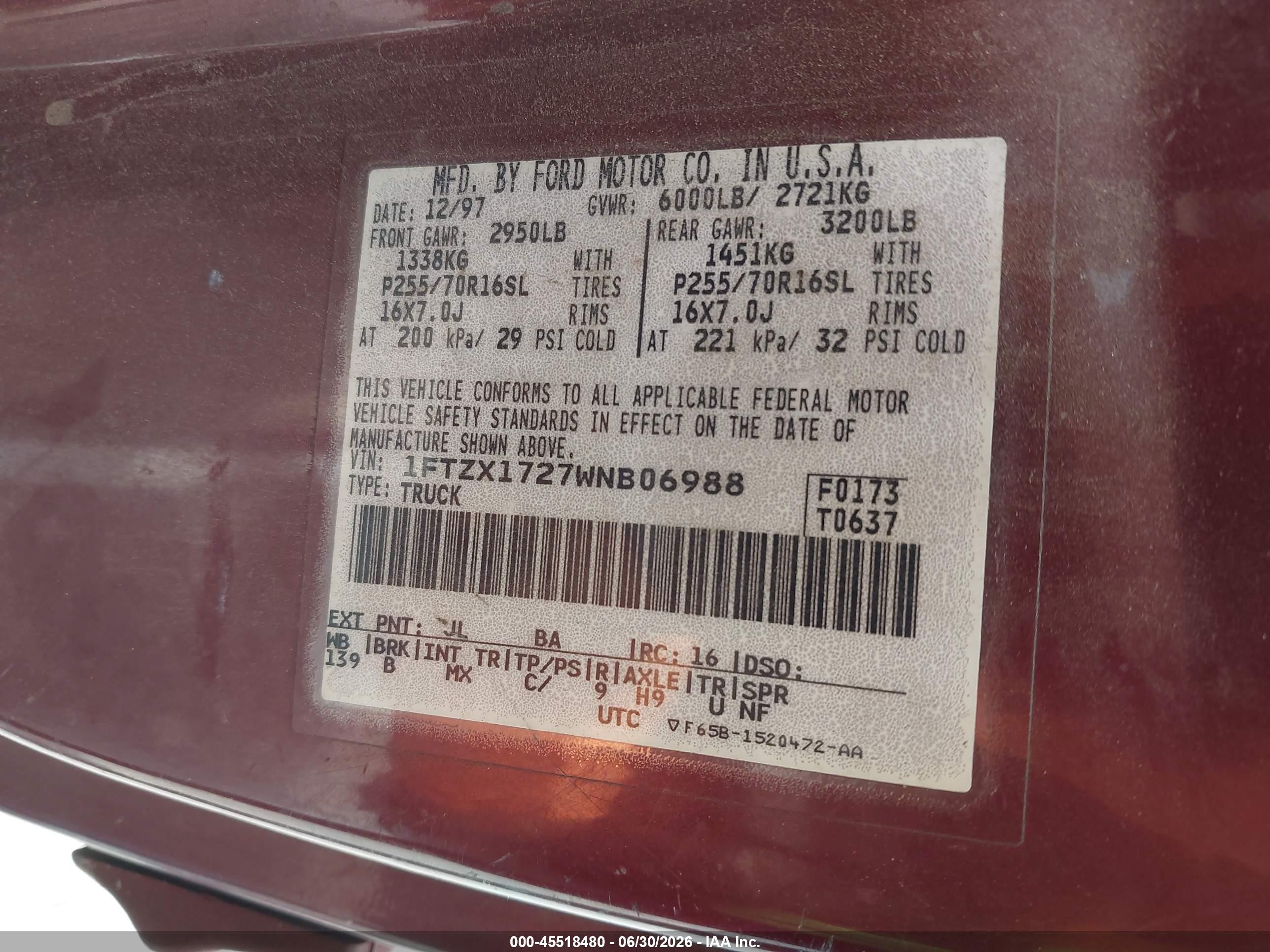 1998 Ford F-150 Standard/xl/xlt Burgundy vin: 1FTZX1727WNB06988