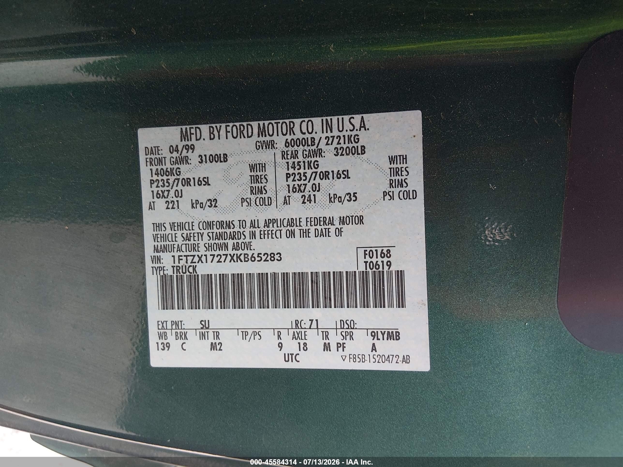 1999 Ford F-150 Work Series/xl/xlt Green vin: 1FTZX1727XKB65283