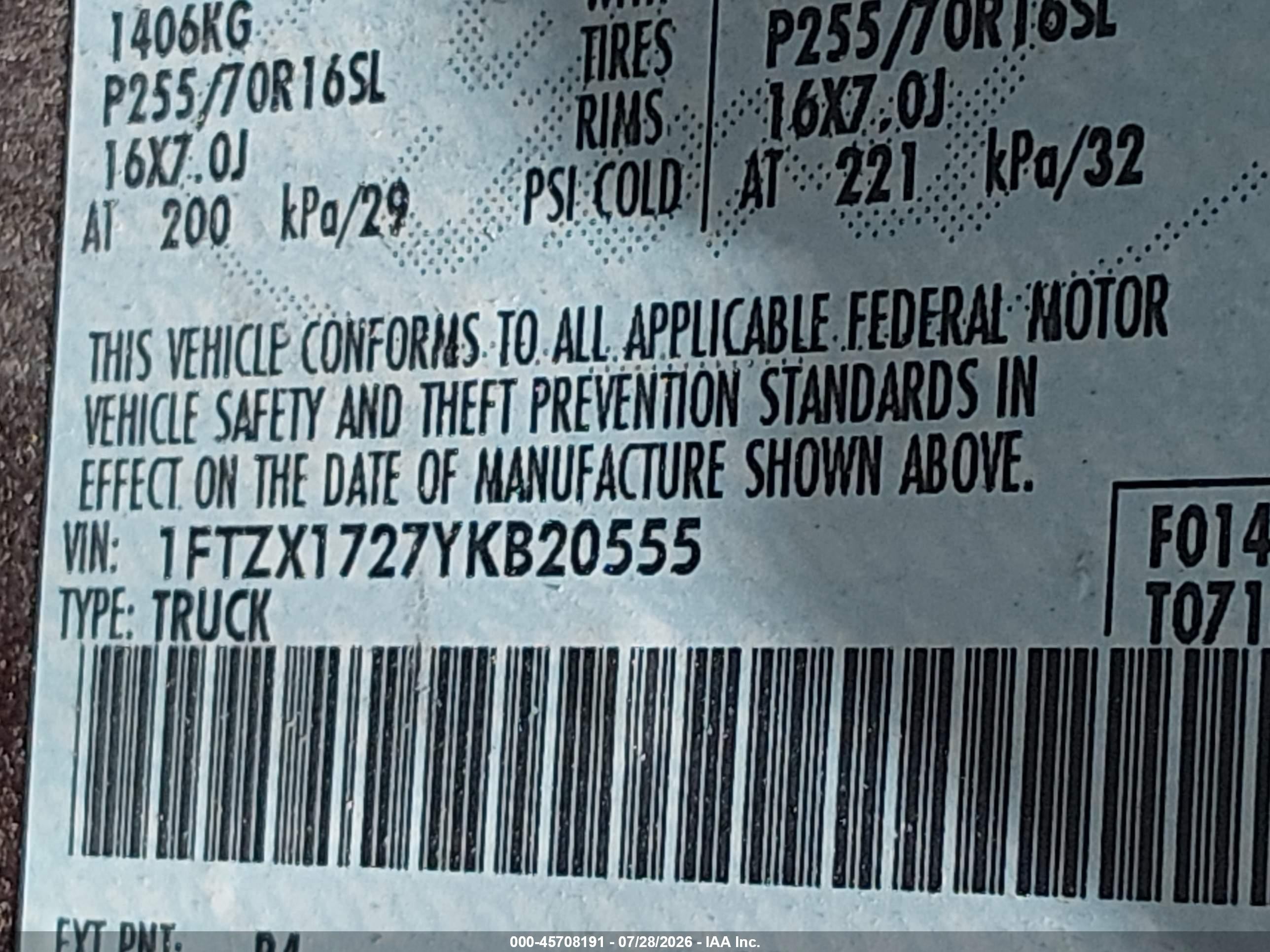 2000 Ford F-150 Work Series/xl/xlt Purple vin: 1FTZX1727YKB20555