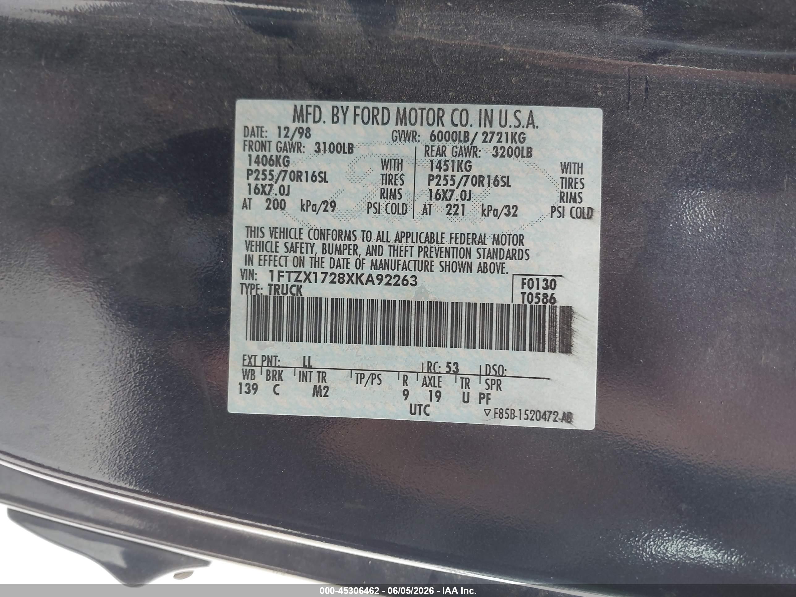 1999 Ford F-150 Work Series/xl/xlt Blue vin: 1FTZX1728XKA92263