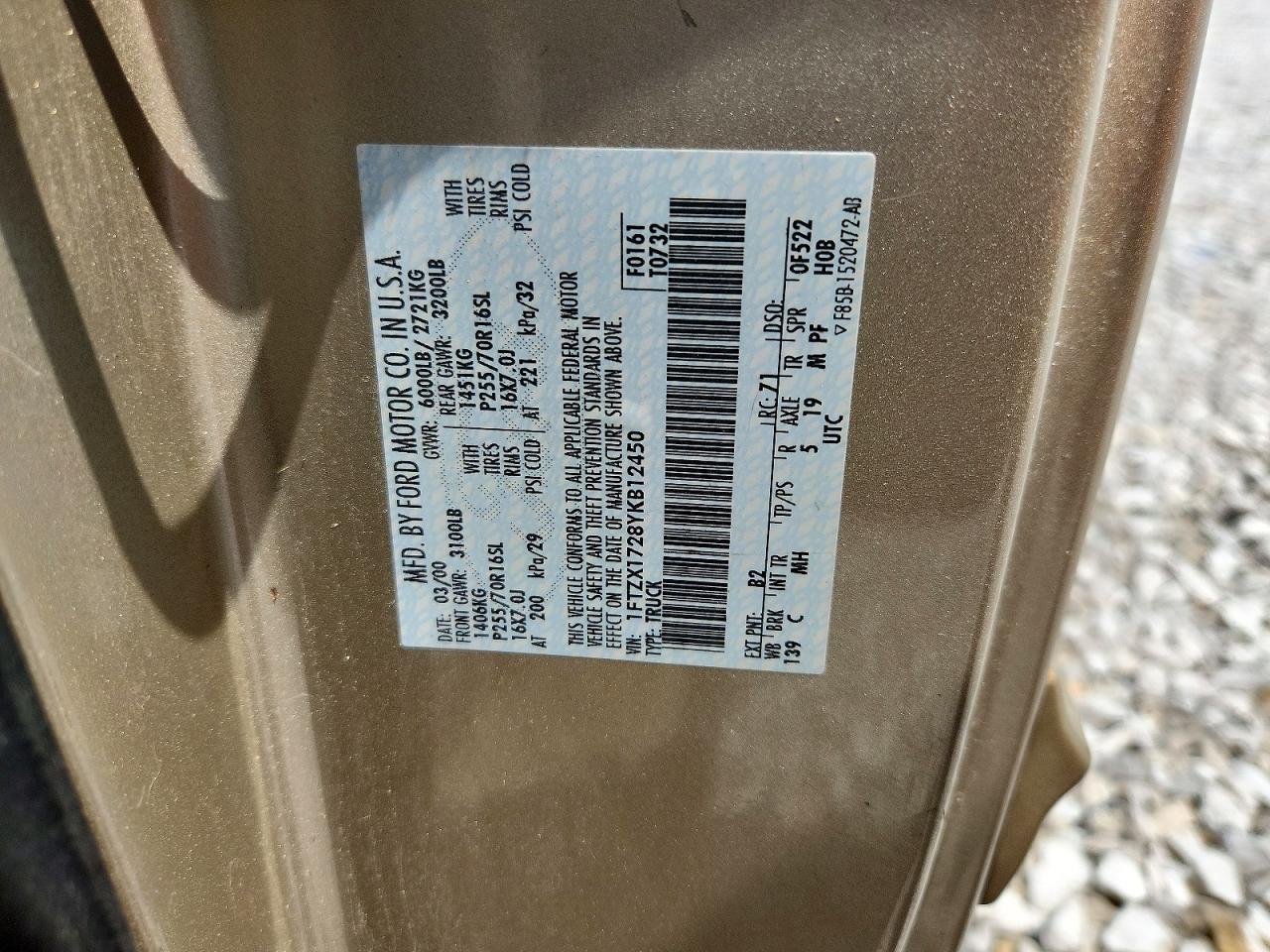 2000 Ford F150 Gold vin: 1FTZX1728YKB12450