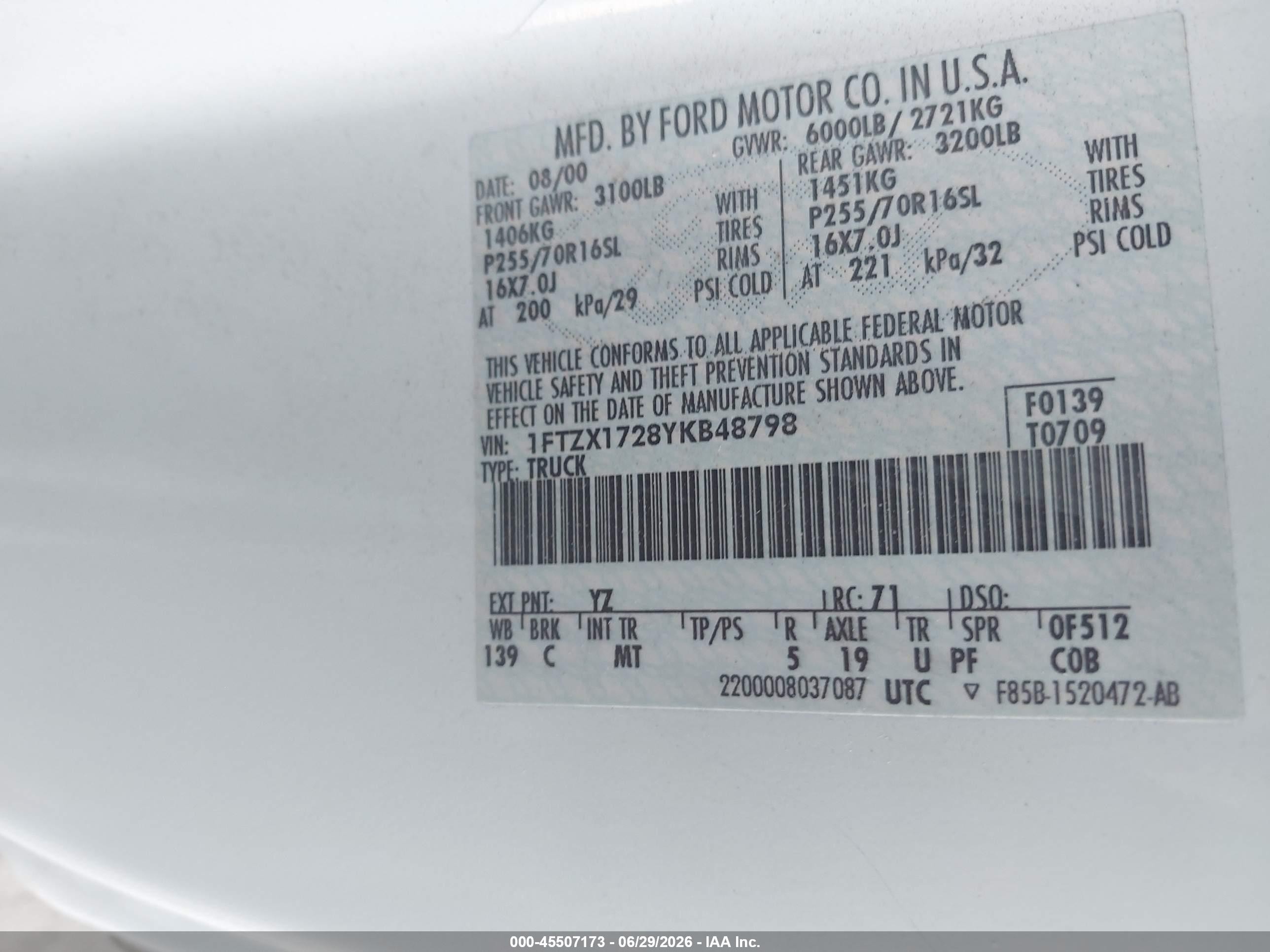2000 Ford F-150 Work Series/xl/xlt Белый vin: 1FTZX1728YKB48798
