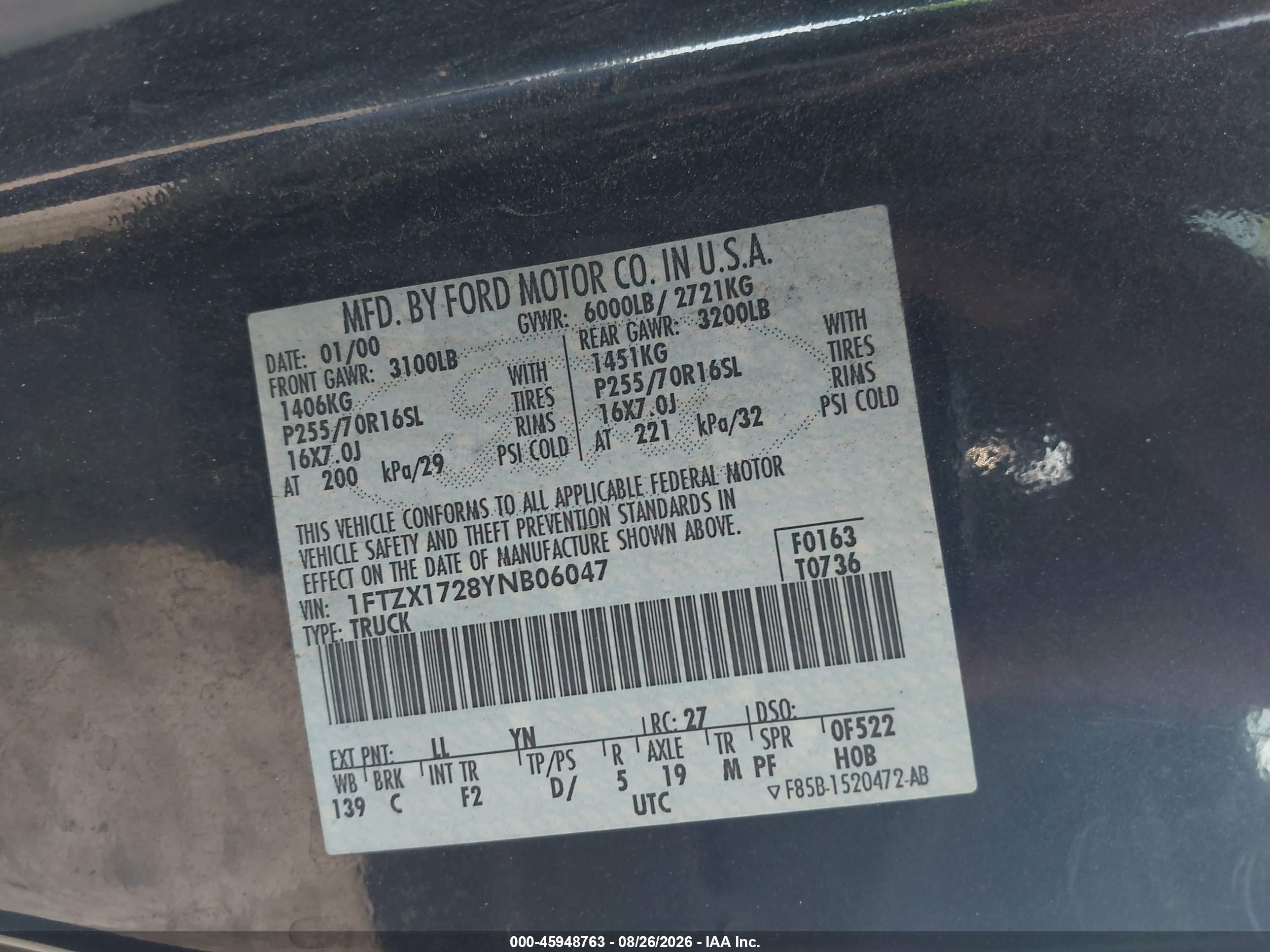 2000 Ford F-150 Work Series/xl/xlt Blue vin: 1FTZX1728YNB06047