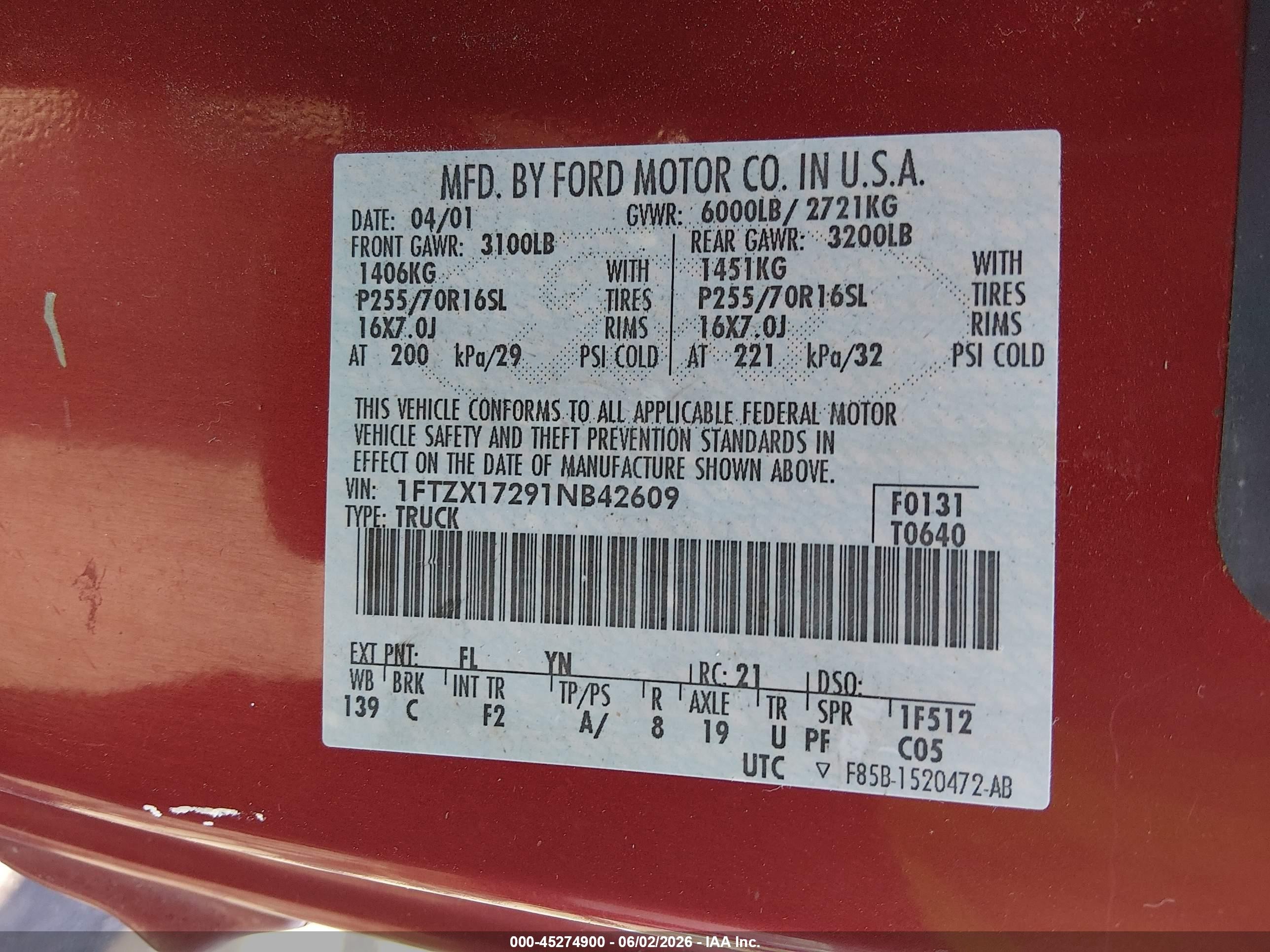 2001 Ford F-150 Xl/xlt Красный vin: 1FTZX17291NB42609