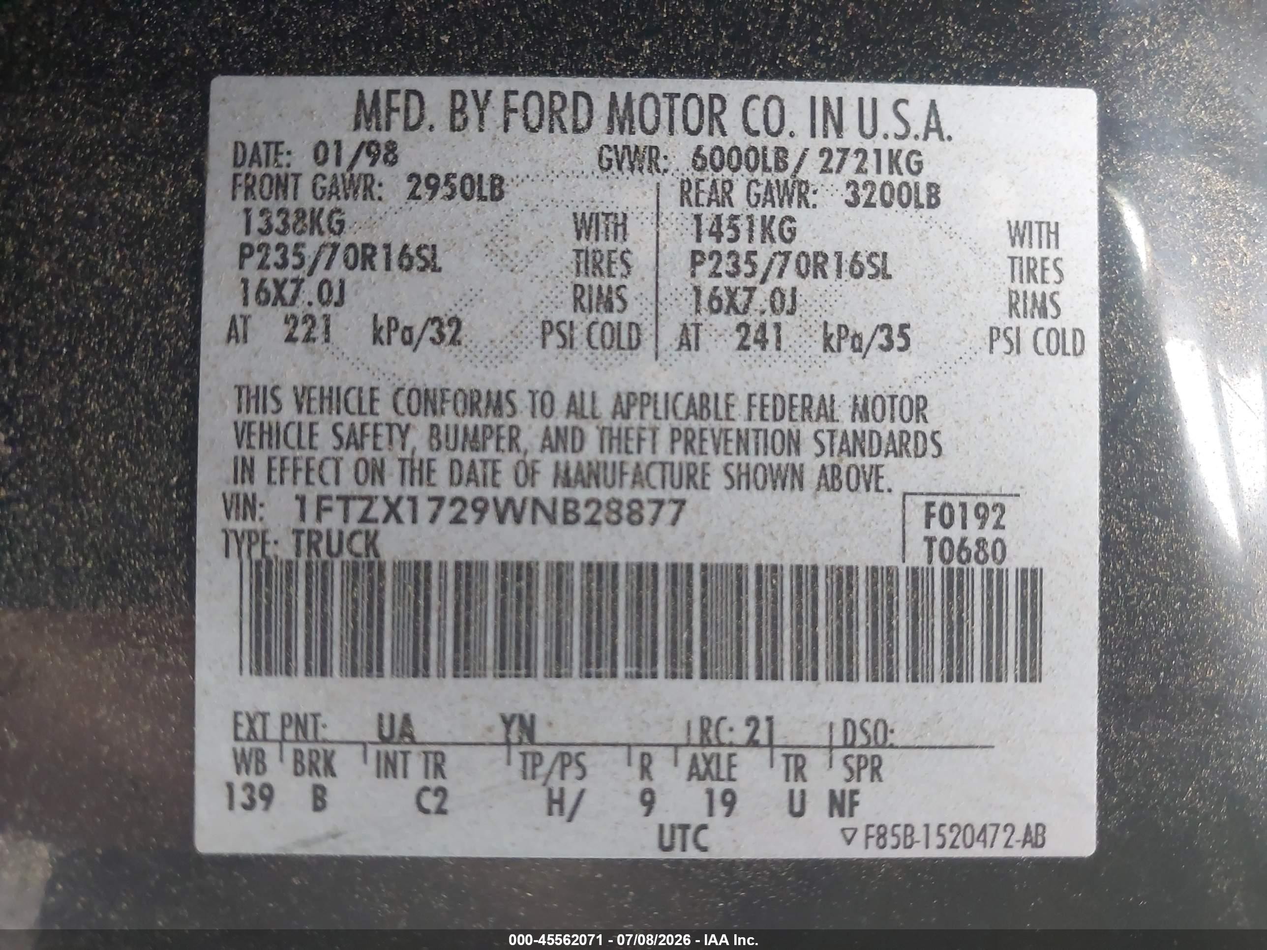 1998 Ford F-150 Standard/xl/xlt Black vin: 1FTZX1729WNB28877
