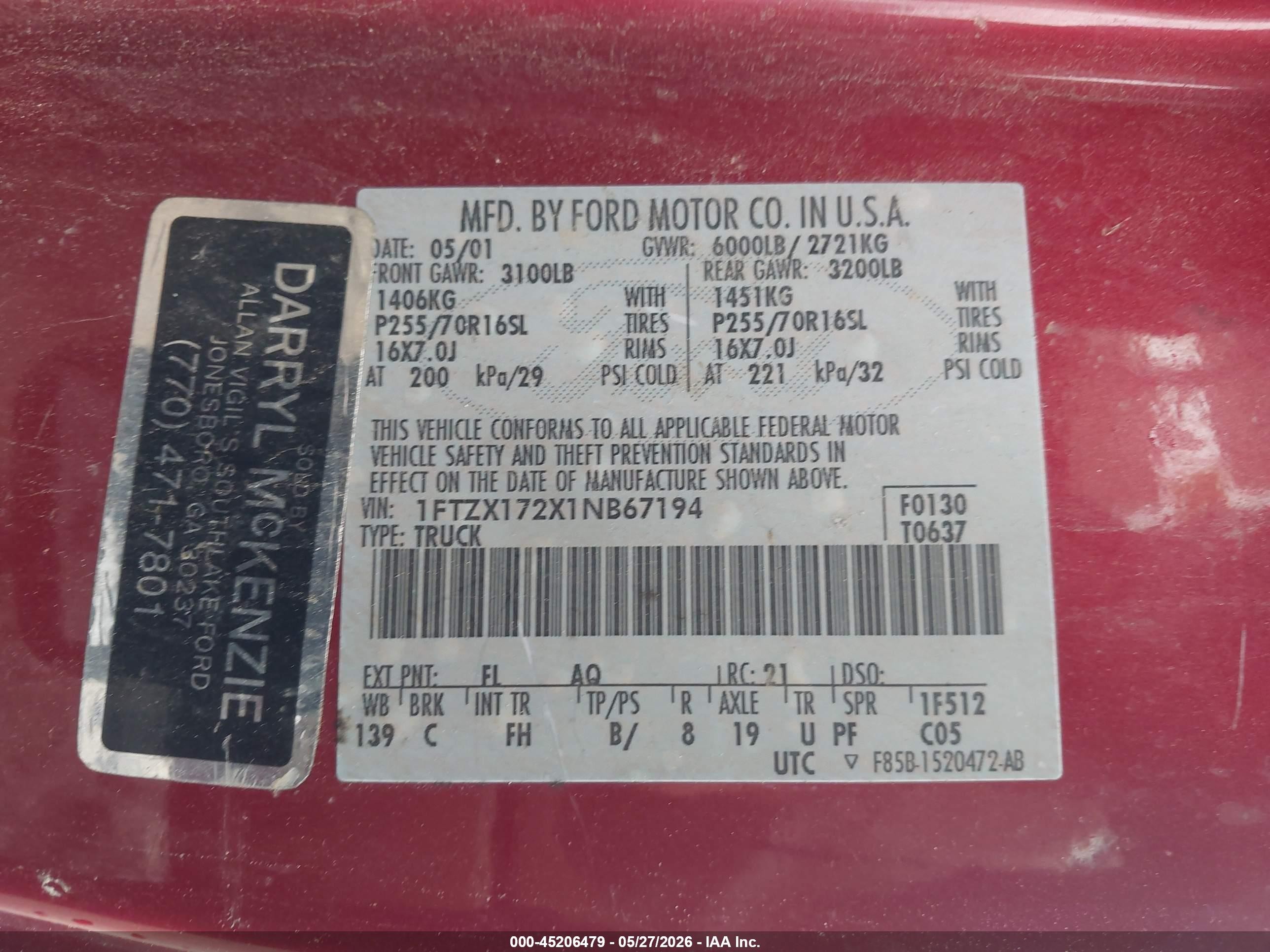 2001 Ford F-150 Xl/xlt Red vin: 1FTZX172X1NB67194