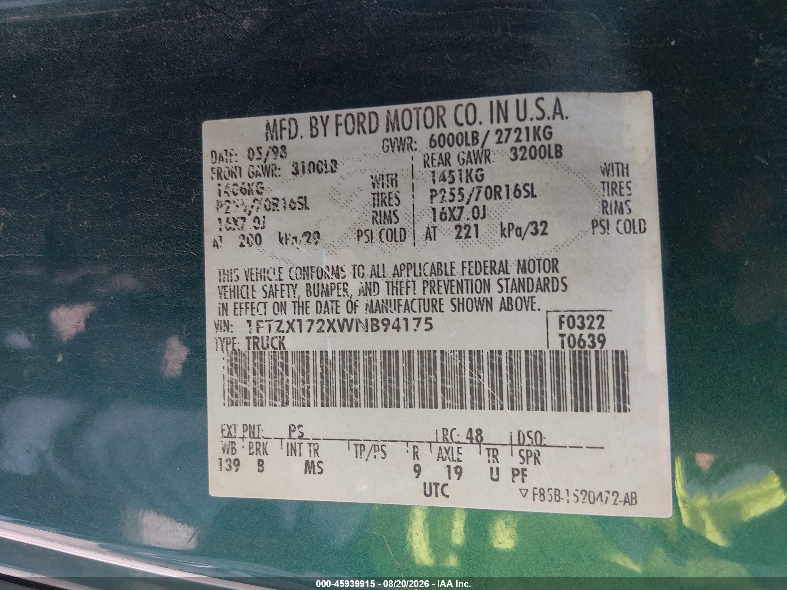 1998 Ford F-150 Standard/xl/xlt Green vin: 1FTZX172XWNB94175