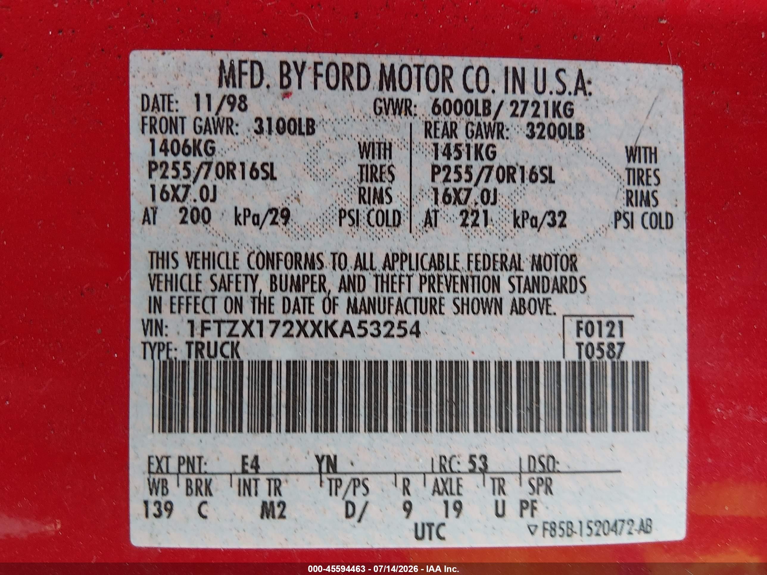 1999 Ford F-150 Work Series/xl/xlt Красный vin: 1FTZX172XXKA53254