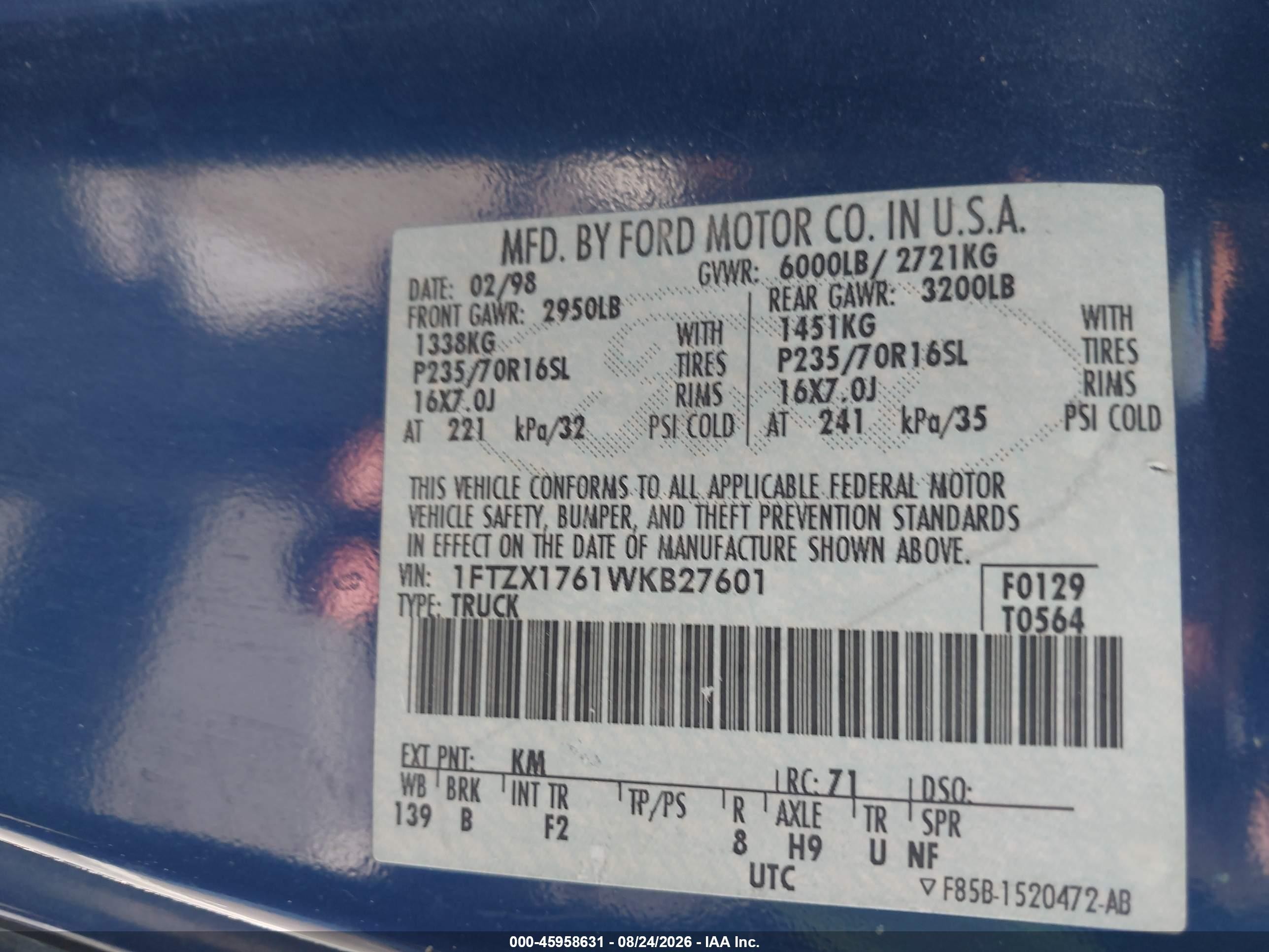 1998 Ford F-150 Lariat/standard/xl/xlt Blue vin: 1FTZX1761WKB27601
