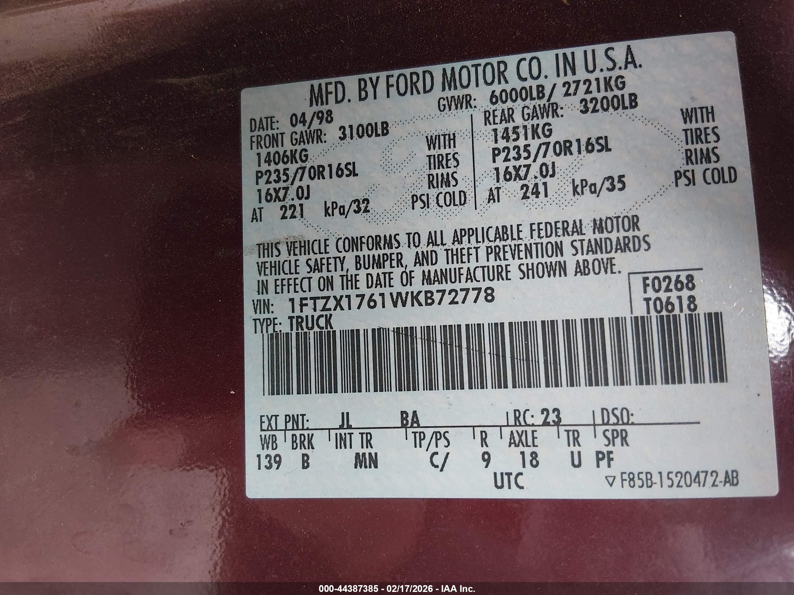 1998 Ford F-150 Lariat/standard/xl/xlt Red vin: 1FTZX1761WKB72778