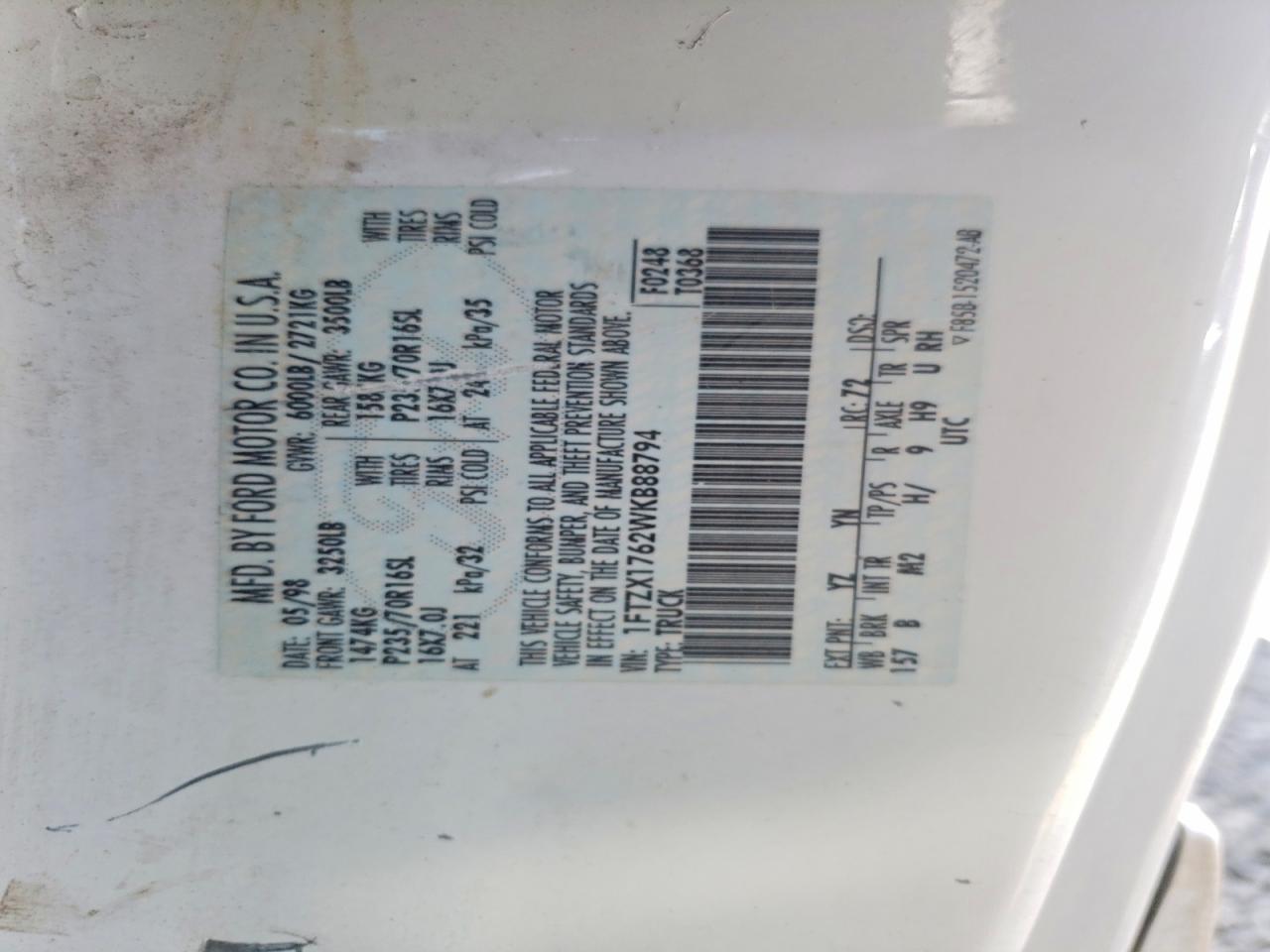 1998 Ford F150 White vin: 1FTZX1762WKB88794