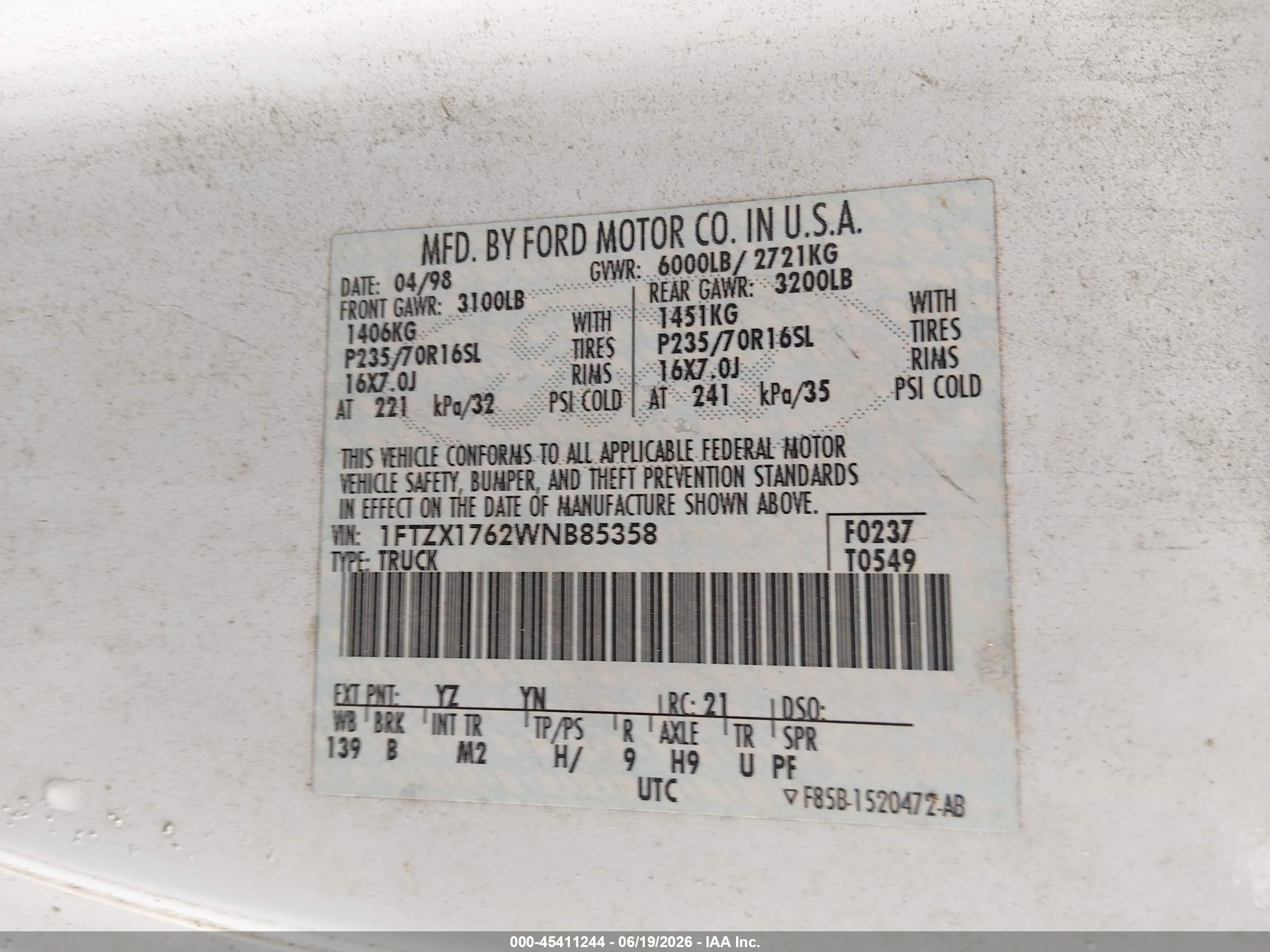 1998 Ford F-150 Lariat/standard/xl/xlt White vin: 1FTZX1762WNB85358