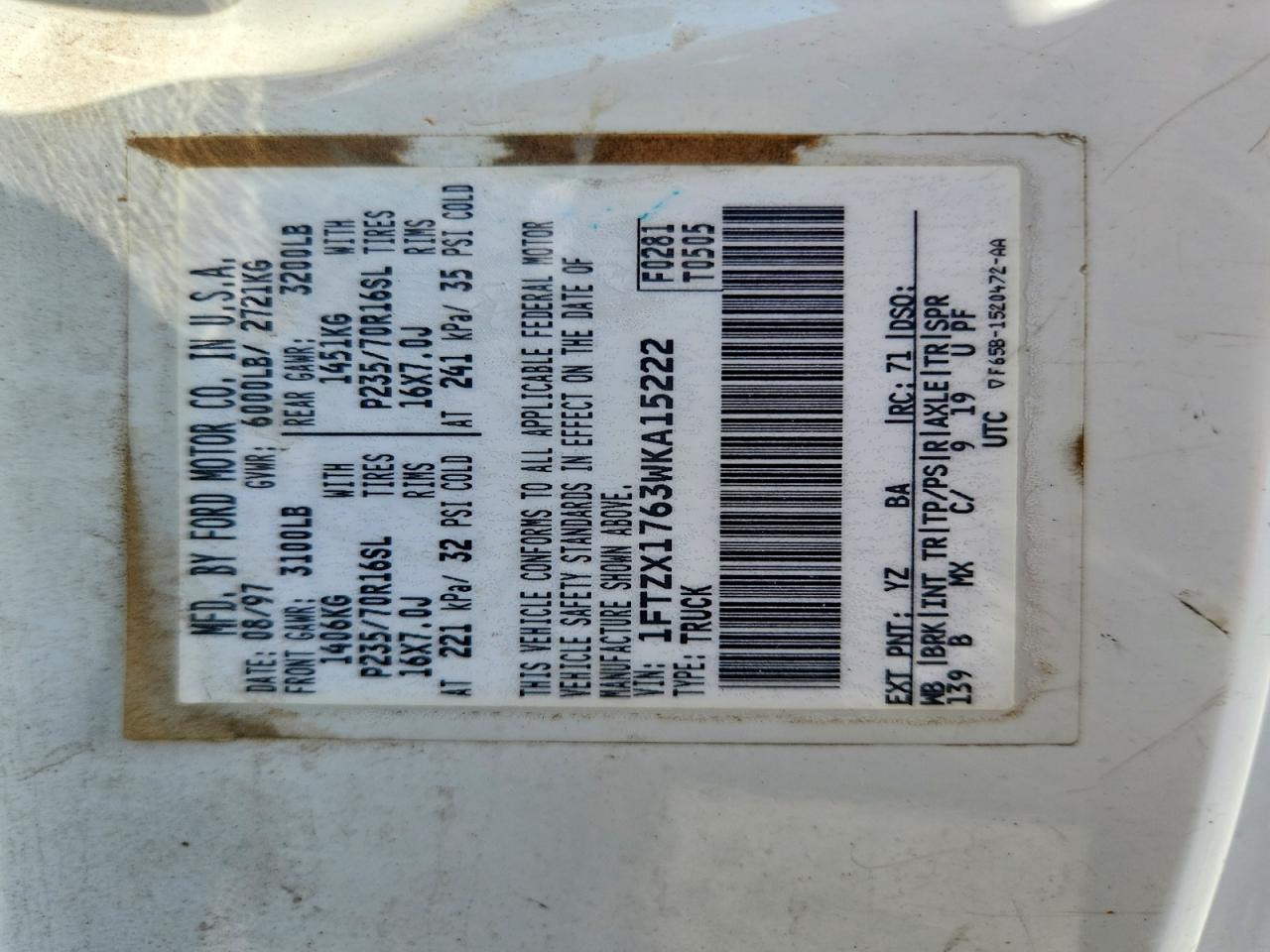 1998 Ford F150 White vin: 1FTZX1763WKA15222