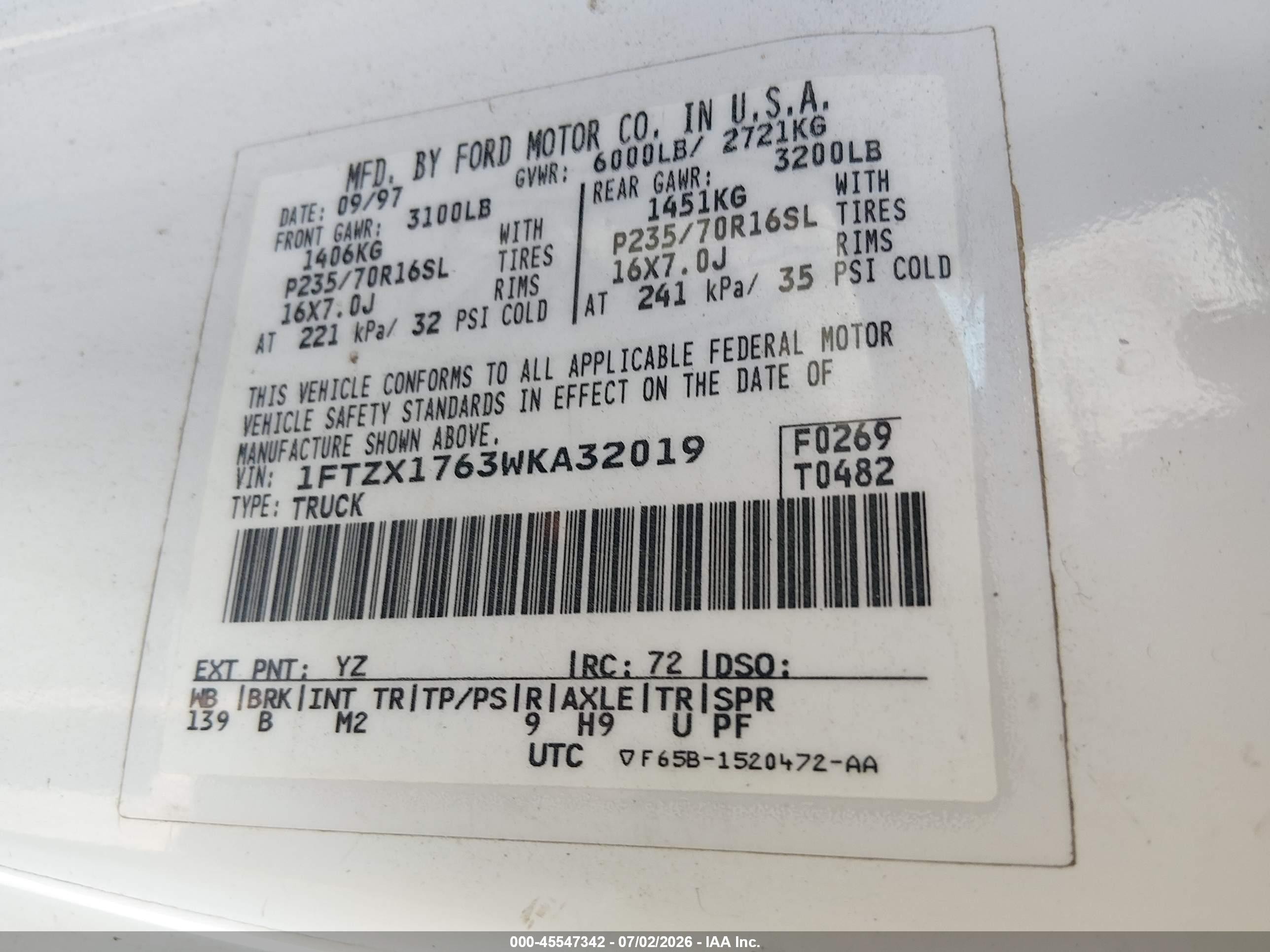 1998 Ford F-150 Lariat/standard/xl/xlt White vin: 1FTZX1763WKA32019