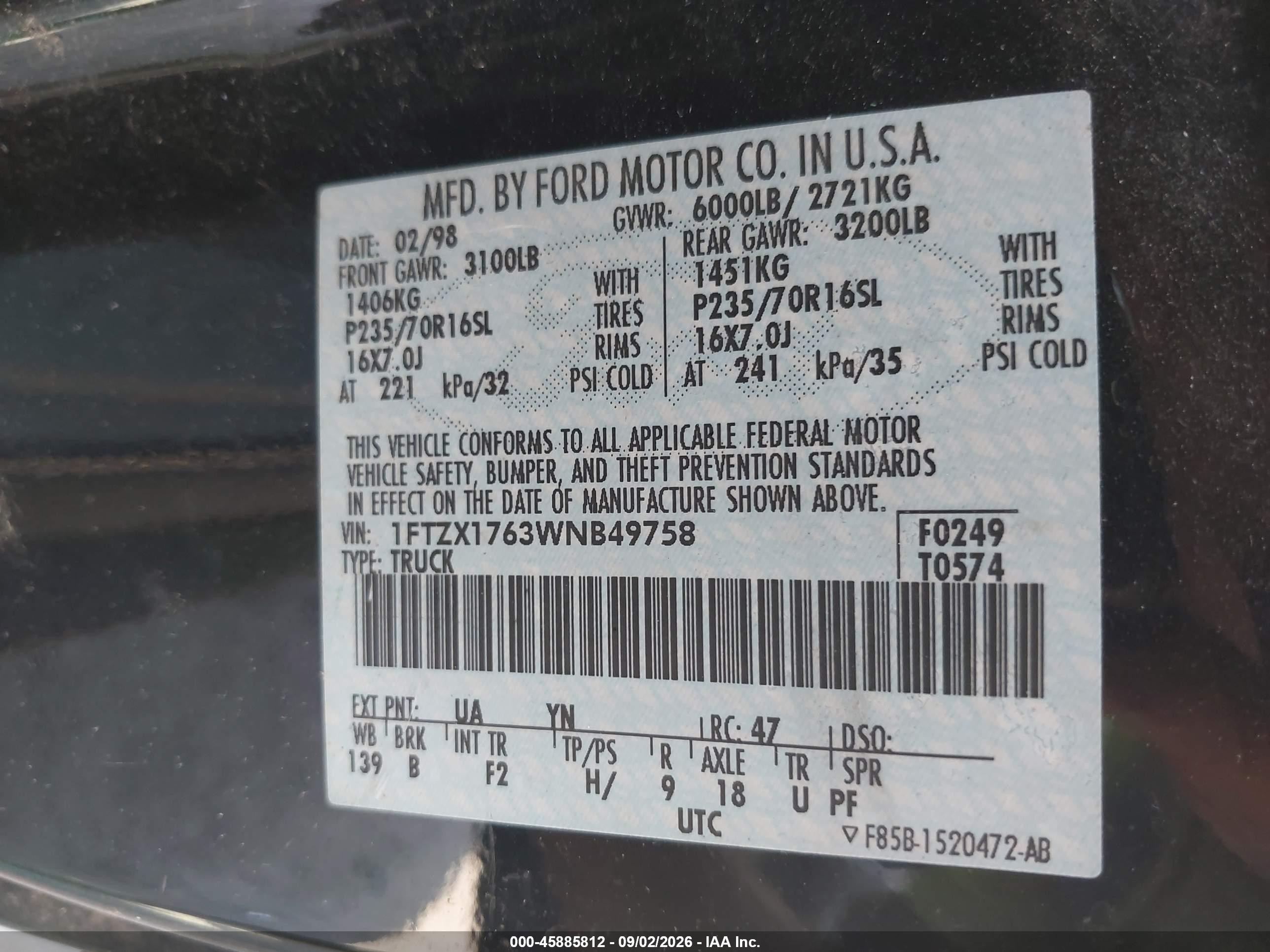 1998 Ford F-150 Lariat/standard/xl/xlt Black vin: 1FTZX1763WNB49758