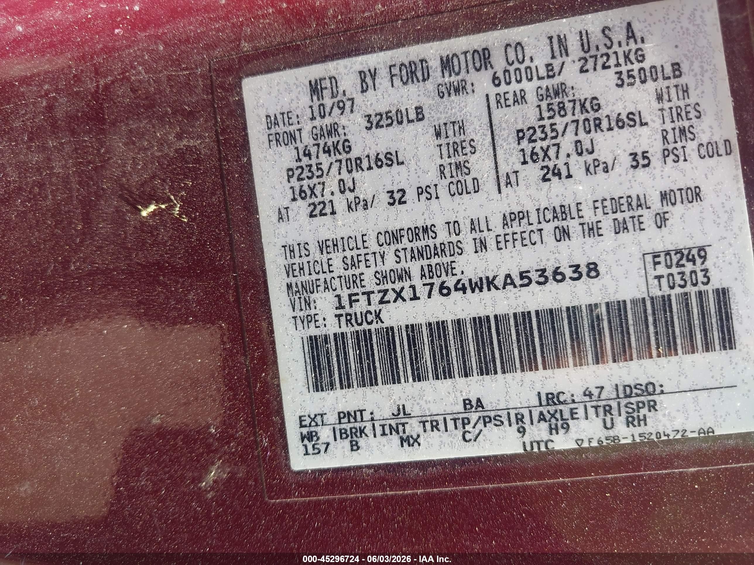 1998 Ford F-150 Lariat/standard/xl/xlt Burgundy vin: 1FTZX1764WKA53638