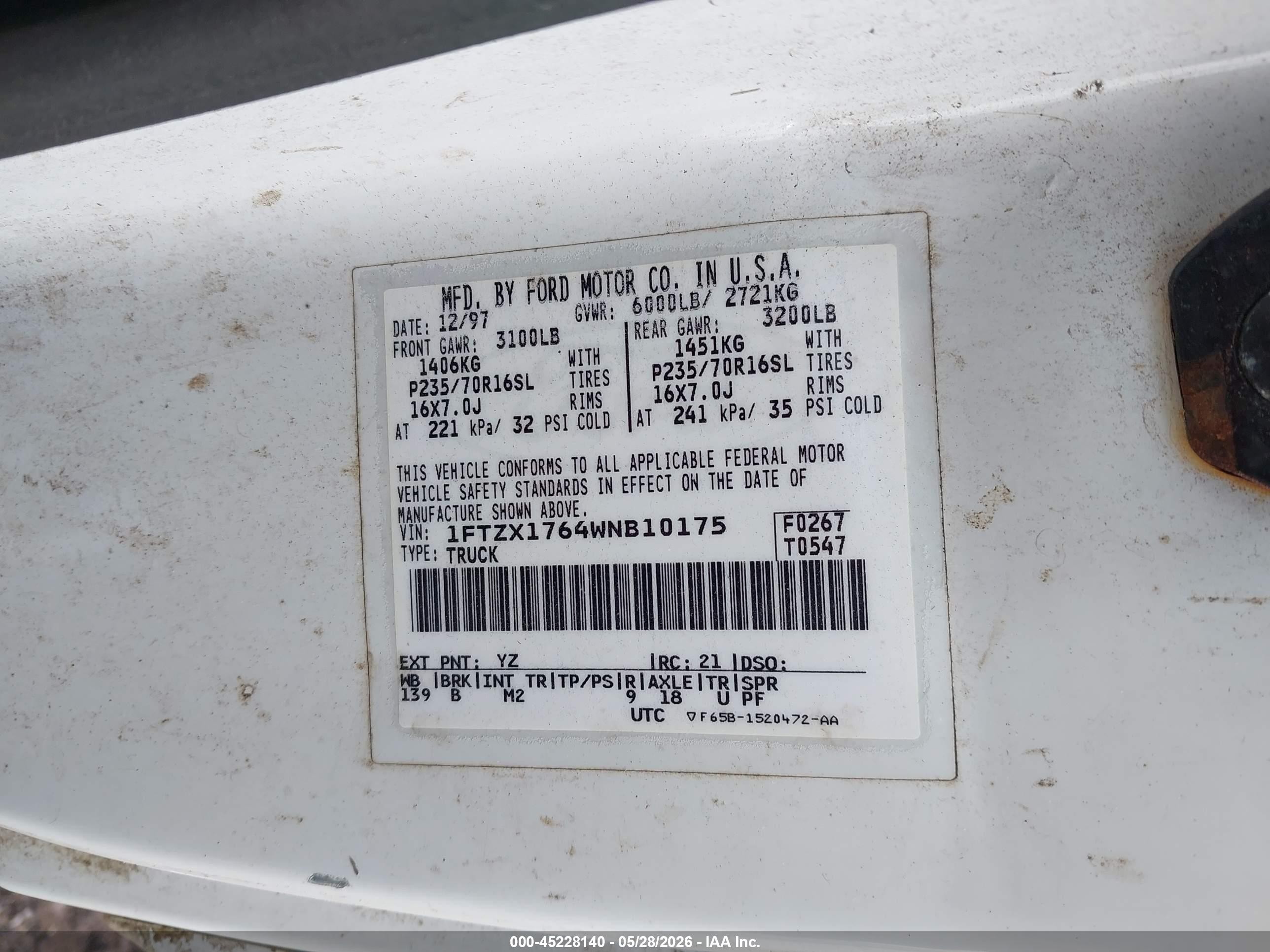1998 Ford F-150 Lariat/standard/xl/xlt White vin: 1FTZX1764WNB10175