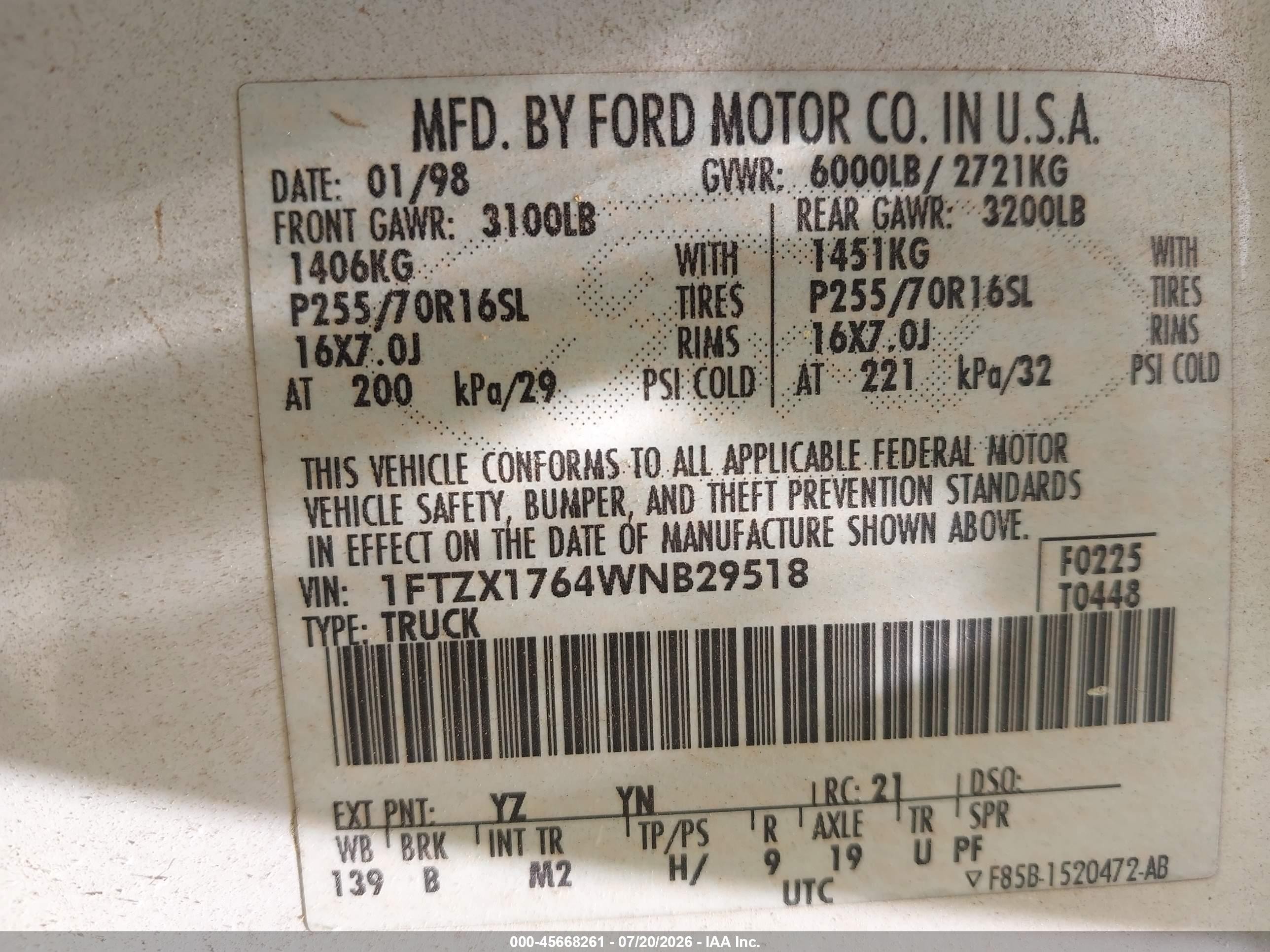 1998 Ford F-150 Lariat/standard/xl/xlt White vin: 1FTZX1764WNB29518