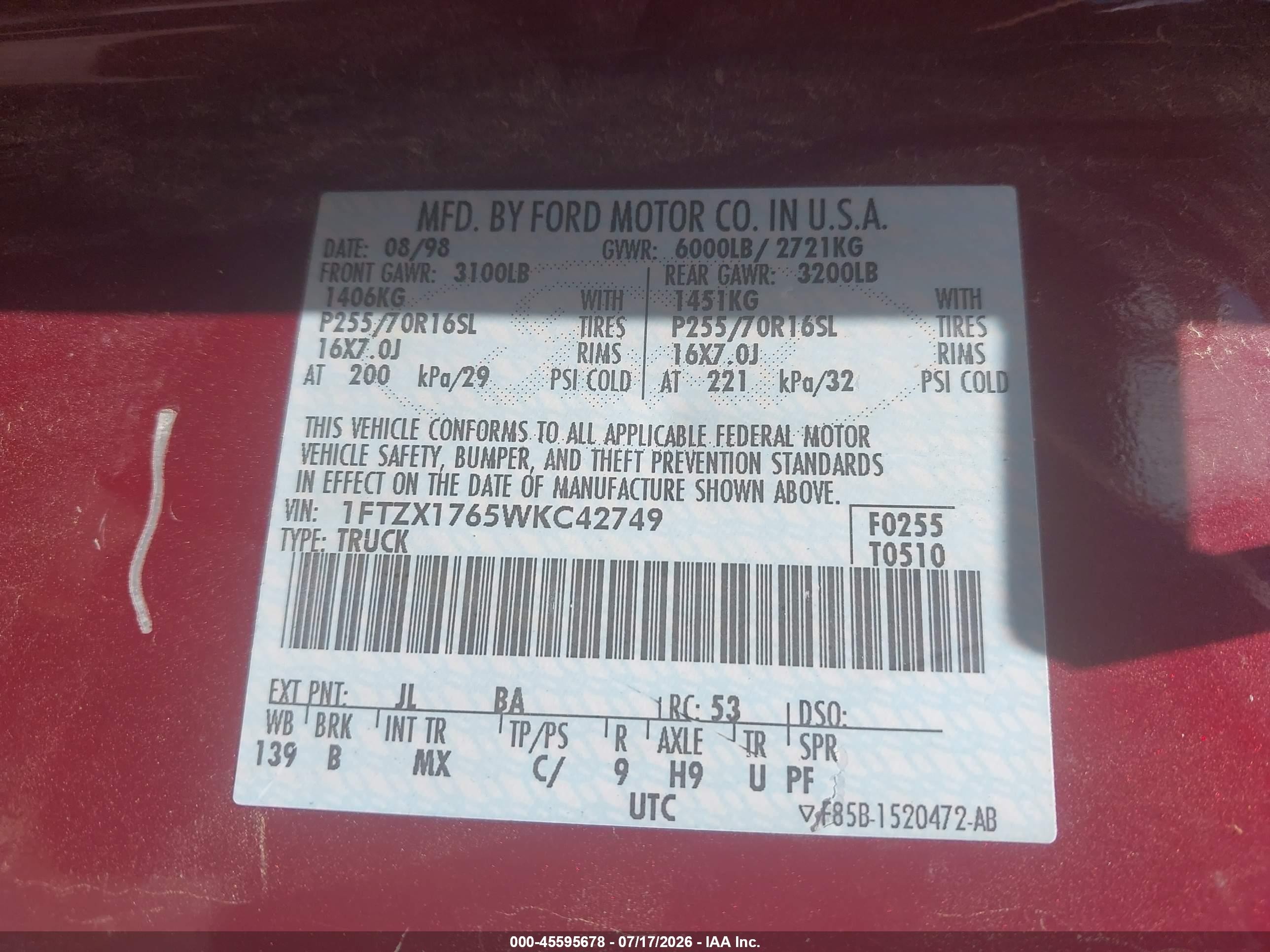 1998 Ford F-150 Lariat/standard/xl/xlt Maroon vin: 1FTZX1765WKC42749