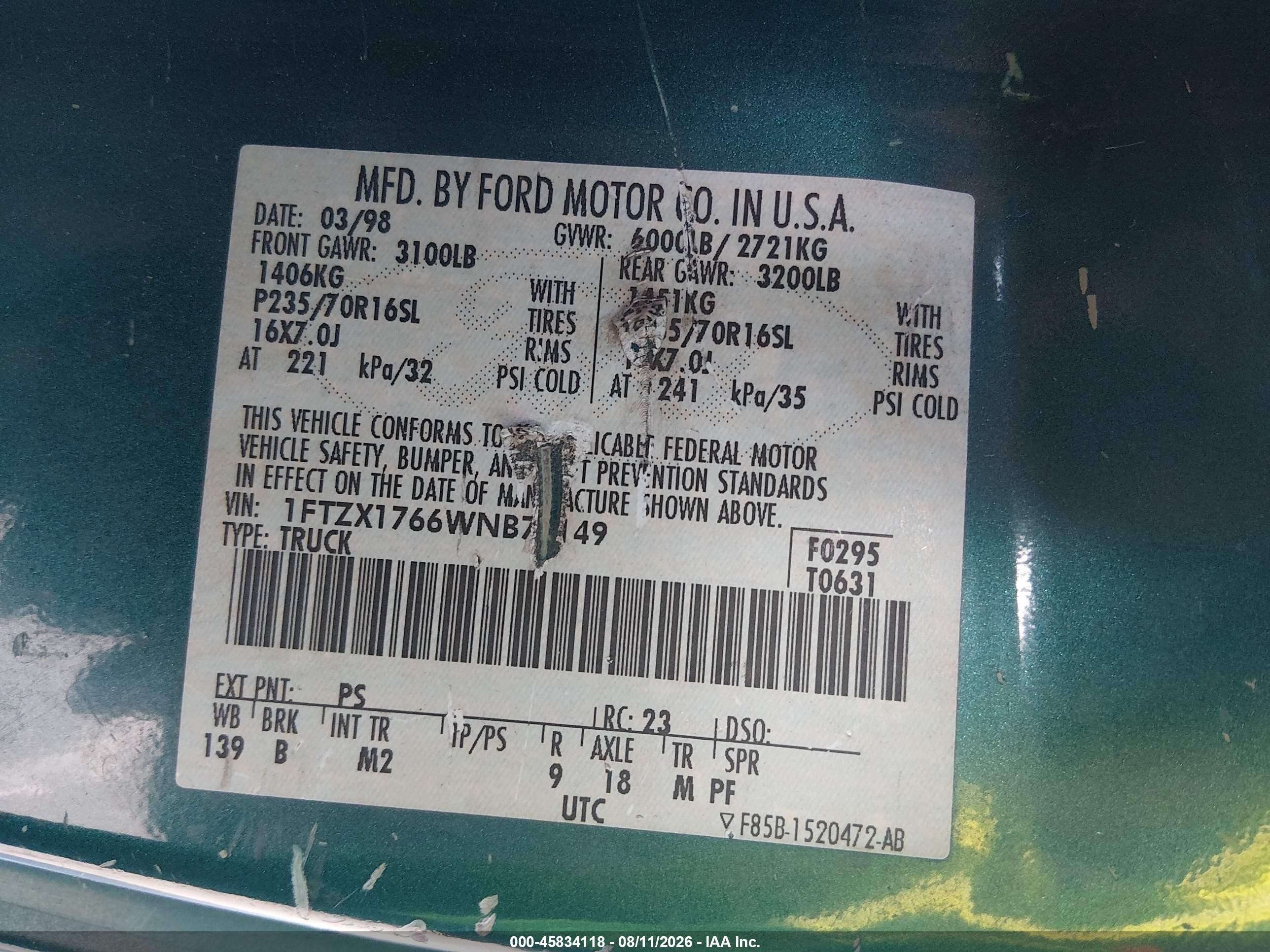 1998 Ford F-150 Lariat/standard/xl/xlt Green vin: 1FTZX1766WNB70149