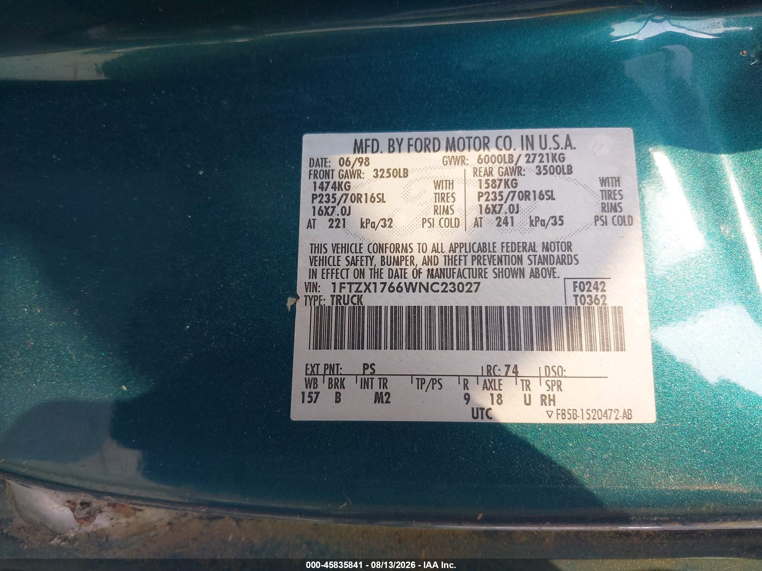 1998 Ford F-150 Lariat/standard/xl/xlt Green vin: 1FTZX1766WNC23027